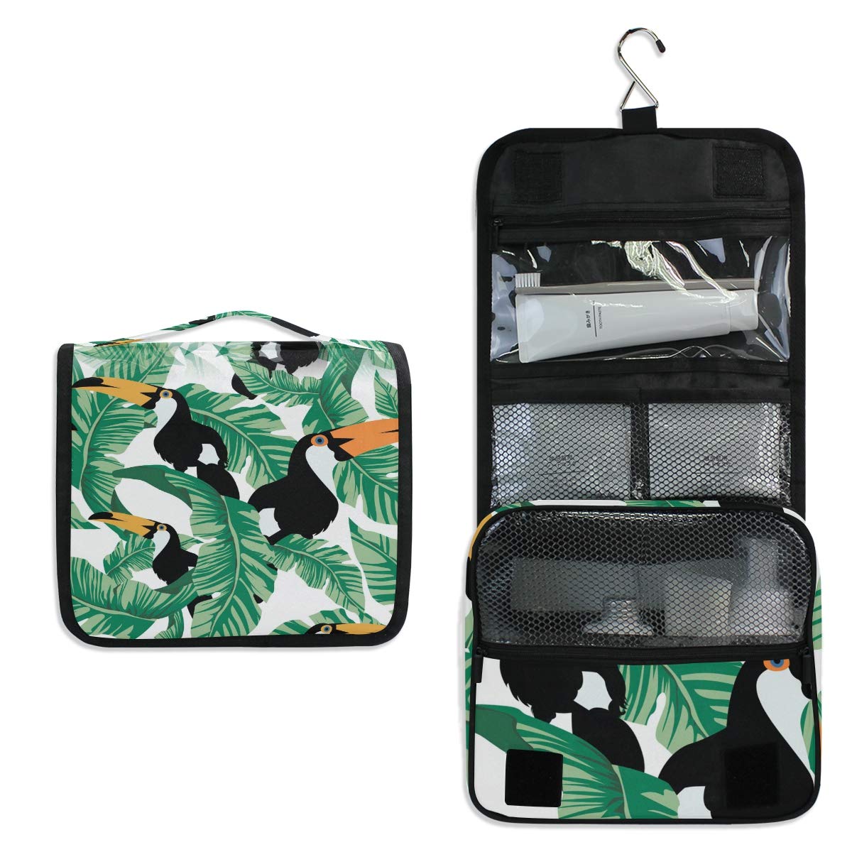 Linomo Hanging Travel Toiletry Bag for Women & Men - Waterproof Large Cosmetic Makeup Organizer with Hook - Perfect for Bathroom, Camping & Vacation (Tropical Leaves Toucan Design)
