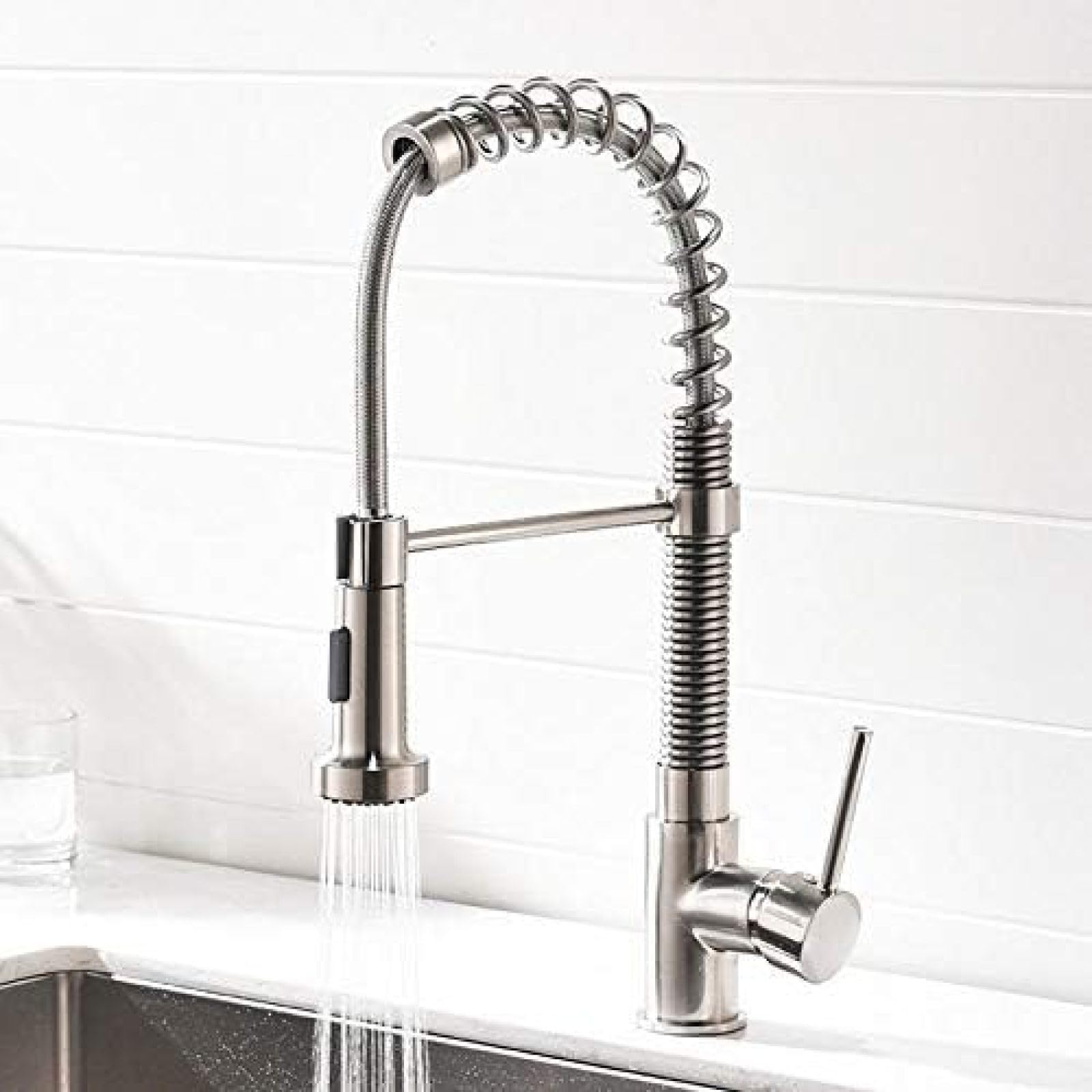 CRJUS Brushed Nickel Single Handle Pull Out Kitchen Faucet with Spring Spout - Hot & Cold Water Mixer Tap for Sink - Perfect for Modern Kitchens & Easy Dishwashing