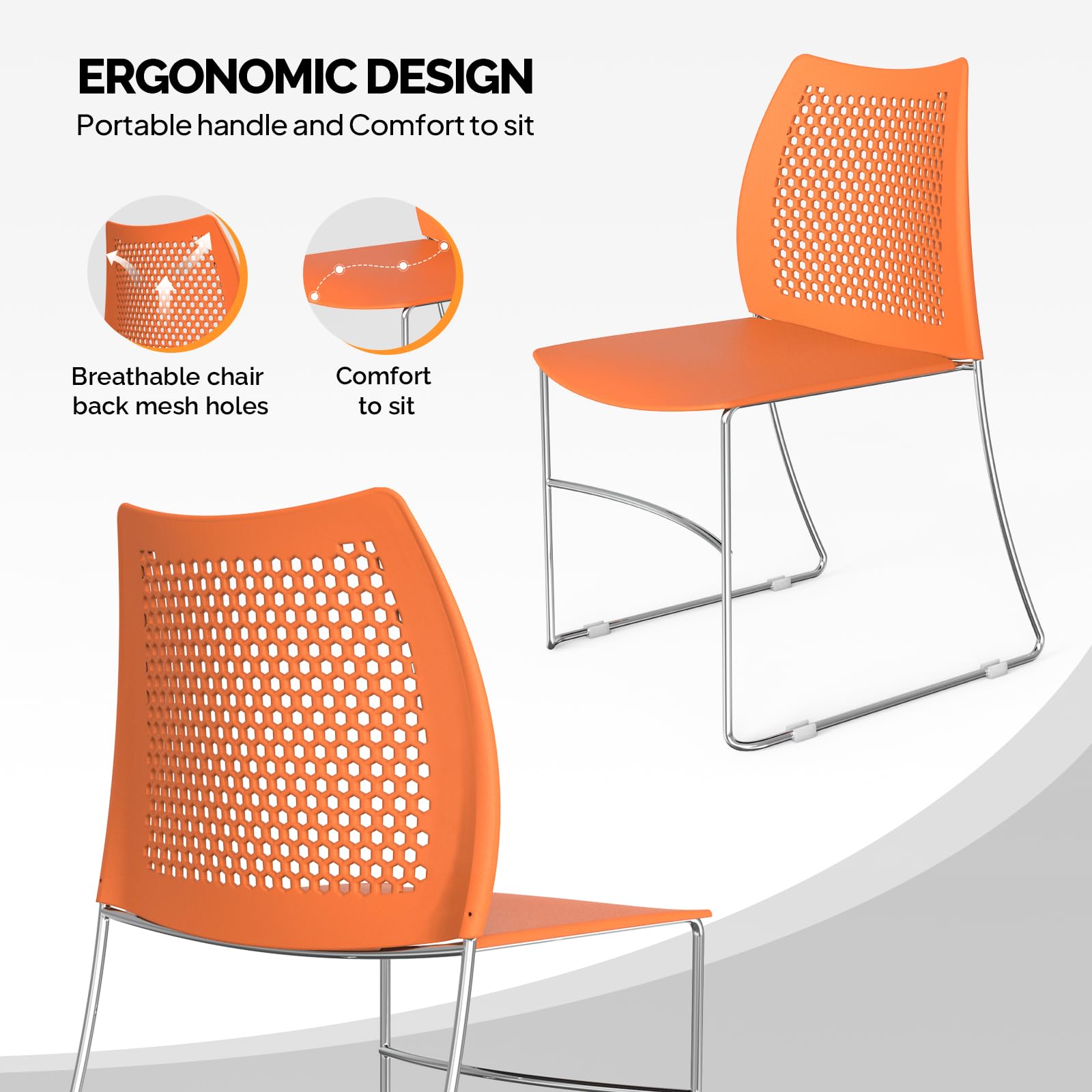 VINGLI 5-Pack Stackable Office Chairs with Metal Sled Base - Ergonomic Plastic Seat & Ventilated Back - Space-Saving Chairs for Waiting Rooms, Break Rooms, Banquets & Guest Seating (Orange) - Perfect for Home, Office & Event Use