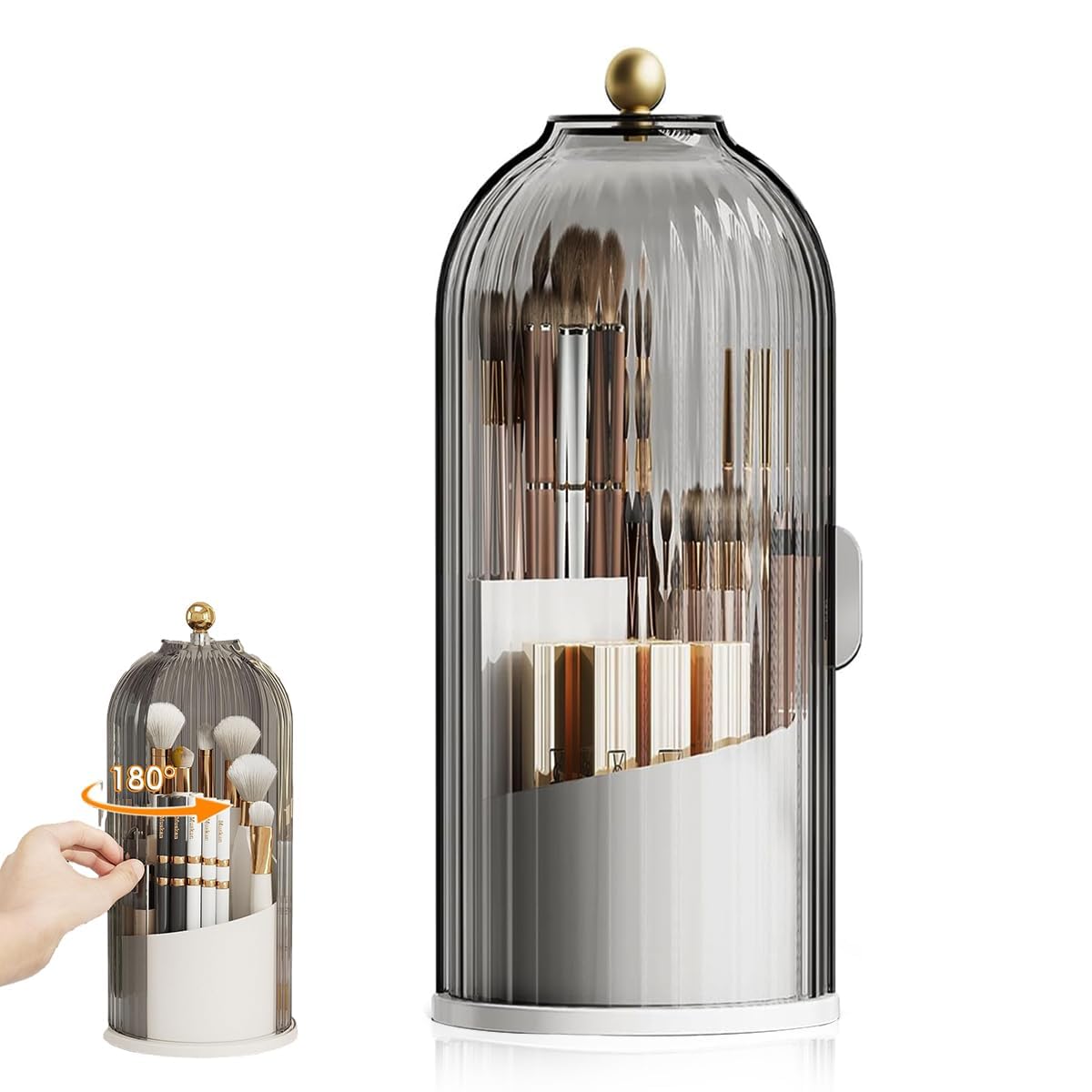 HOOPVOOL® 360° Rotating Makeup Brush Holder with Lid - Multifunctional Organizer for Nail Polish, Perfume, Lipstick, Pens, Pencils & Paint Brushes - Perfect for Vanity, Dressing Table & Beauty Station Storage (Grey)