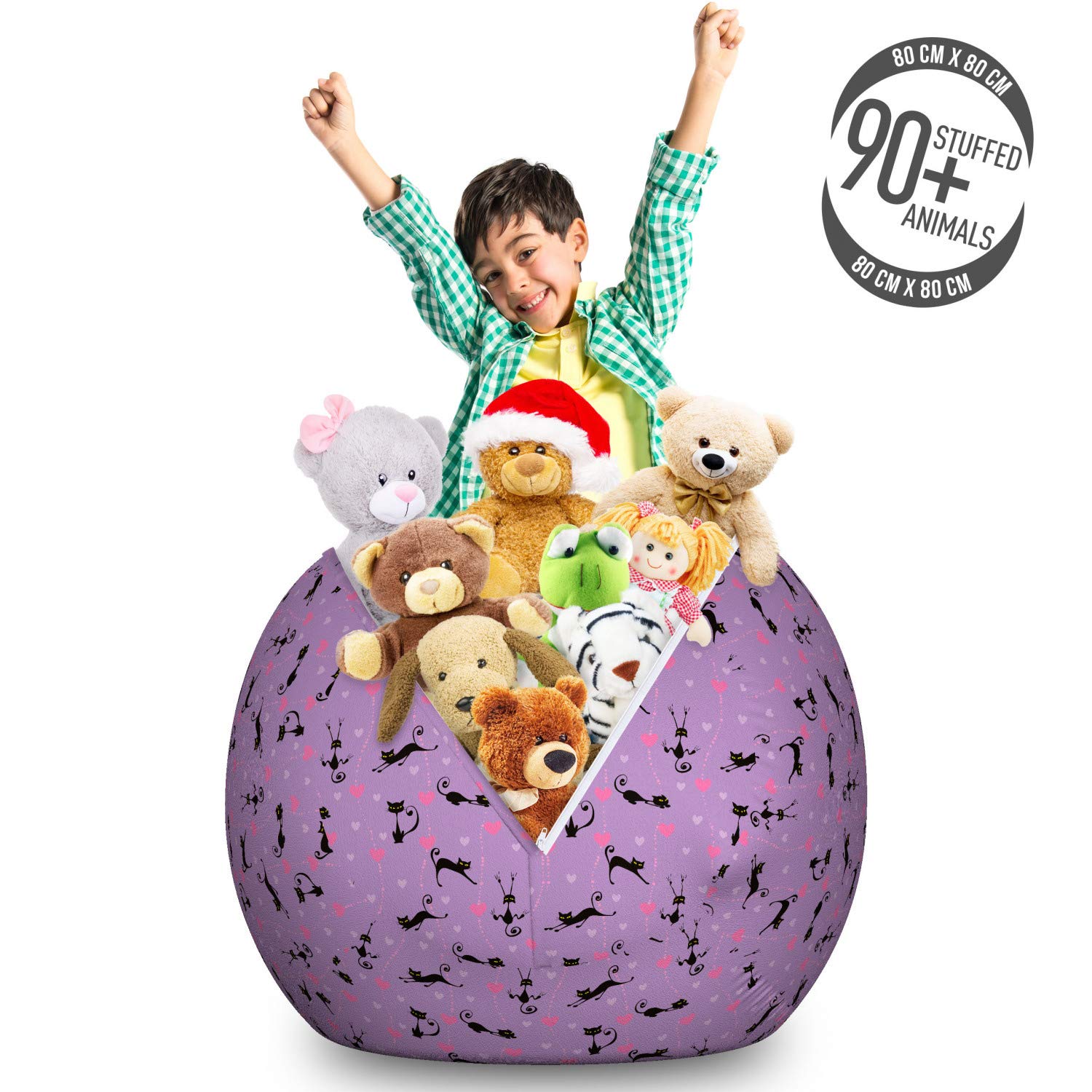 Ambesonne Large Washable Toy Storage Bag Chair - Purple Unlucky Black Cat with Heart Design, Stuffed Animal Organizer for Kids Room (Lavender Pink Black) | Perfect for Valentine's Day Gifts, Nursery Organization & Playroom Decor