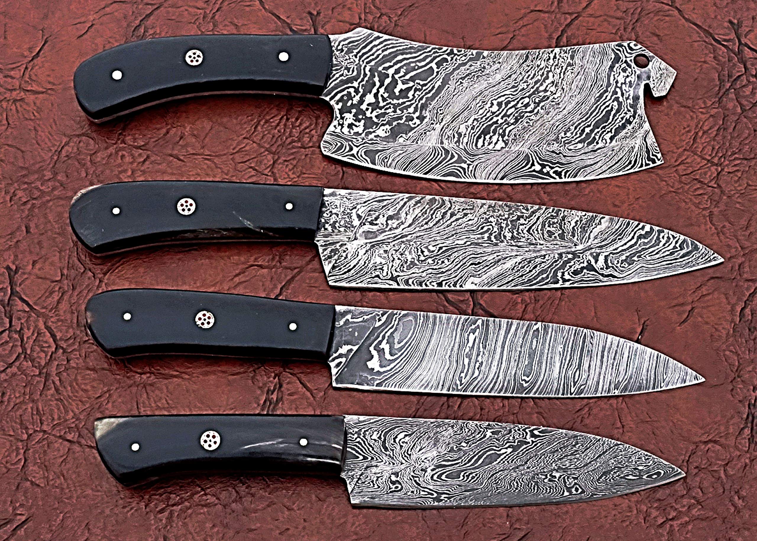 Premium 4-Piece Damascus Steel Chef Knife Set with Leather Roll Bag - Includes Chef, Slicing, Utility & Cleaver Knives - 45
