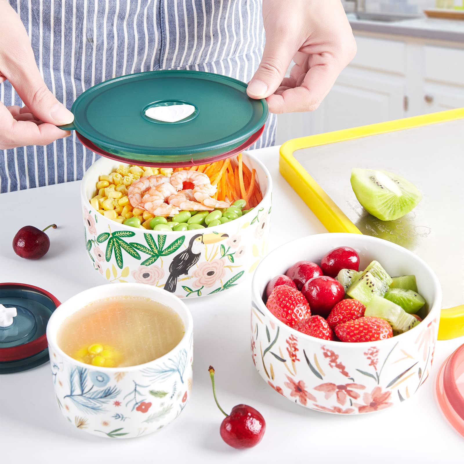 4/5/6 Inch Ceramic Food Storage Bowls with Lids - Microwave & Dishwasher Safe Soup, Salad, Rice, Cereal Containers - Perfect for Breakfast, Dinner, Meal Prep & Serving (Blue)