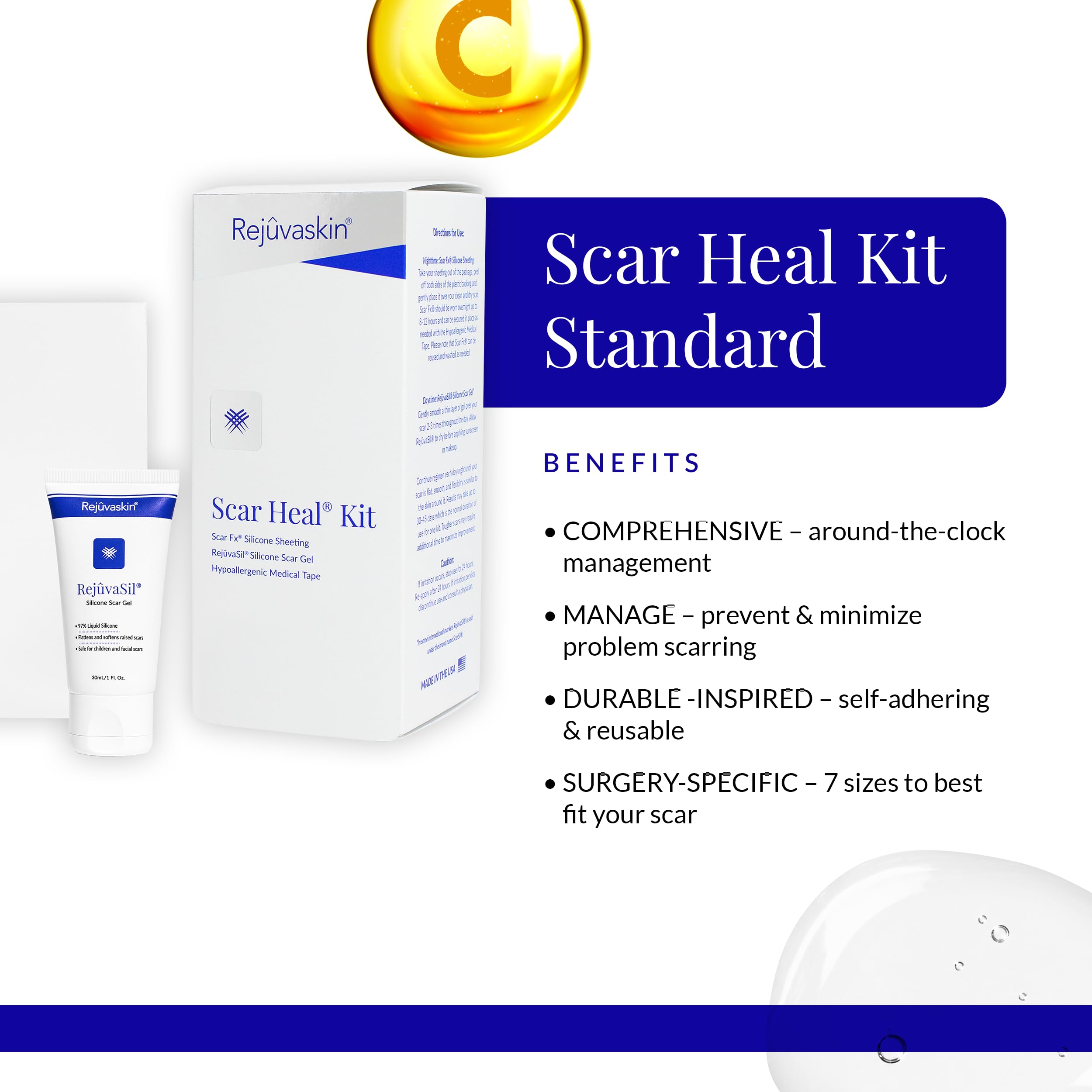 Rejuvaskin Scar Heal Kit for Abdominal Scars - Soften, Flatten & Reduce Scars with Silicone Sheeting, RejuvaSil Gel & Medical Tape (1