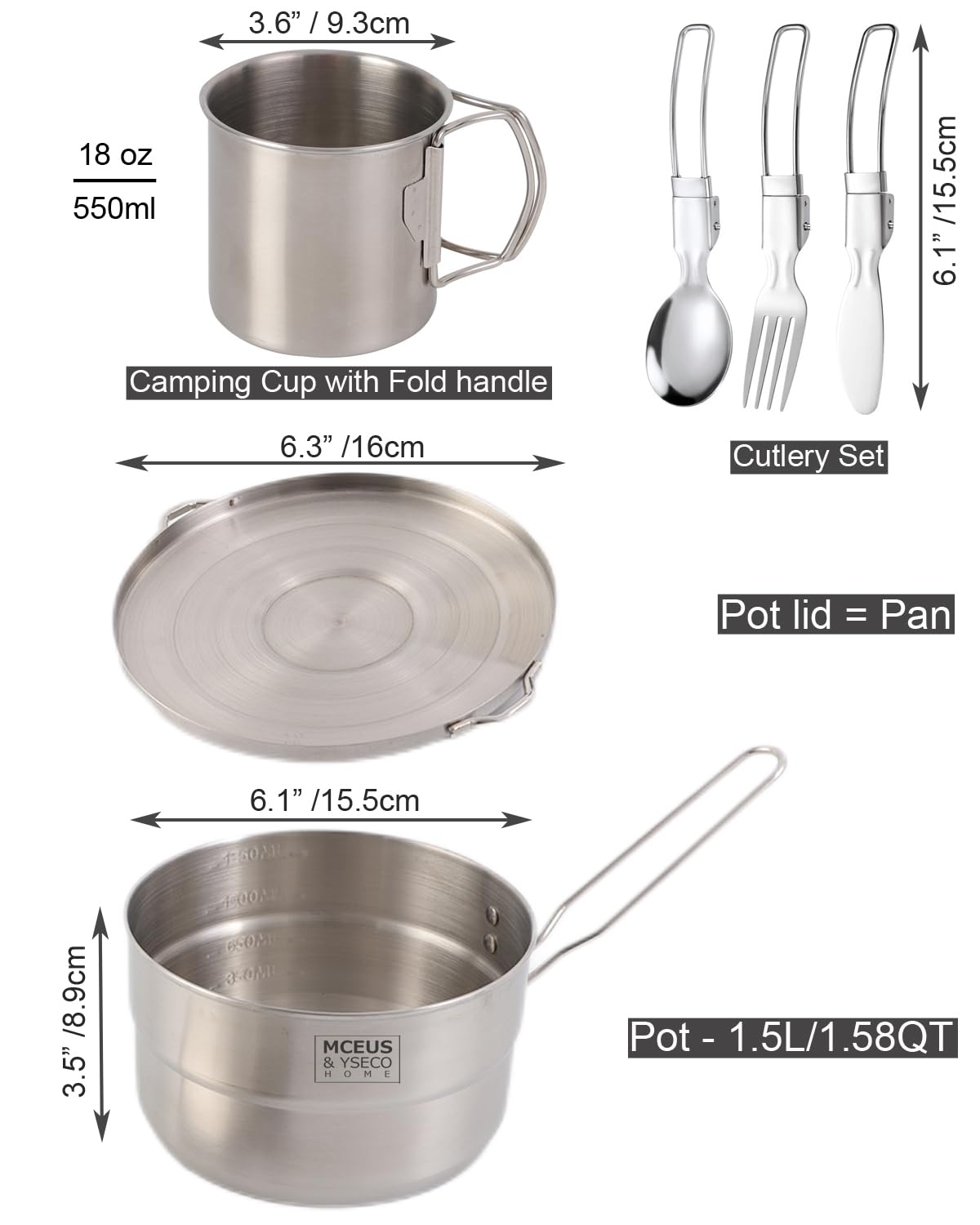 **Compact 18/8 Stainless Steel Camping Pot & Pan Set – Lightweight Backpack Mess Kit with Folding Silverware – Perfect for Outdoor Camping, Hiking, Picnics & Backpacking Adventures**