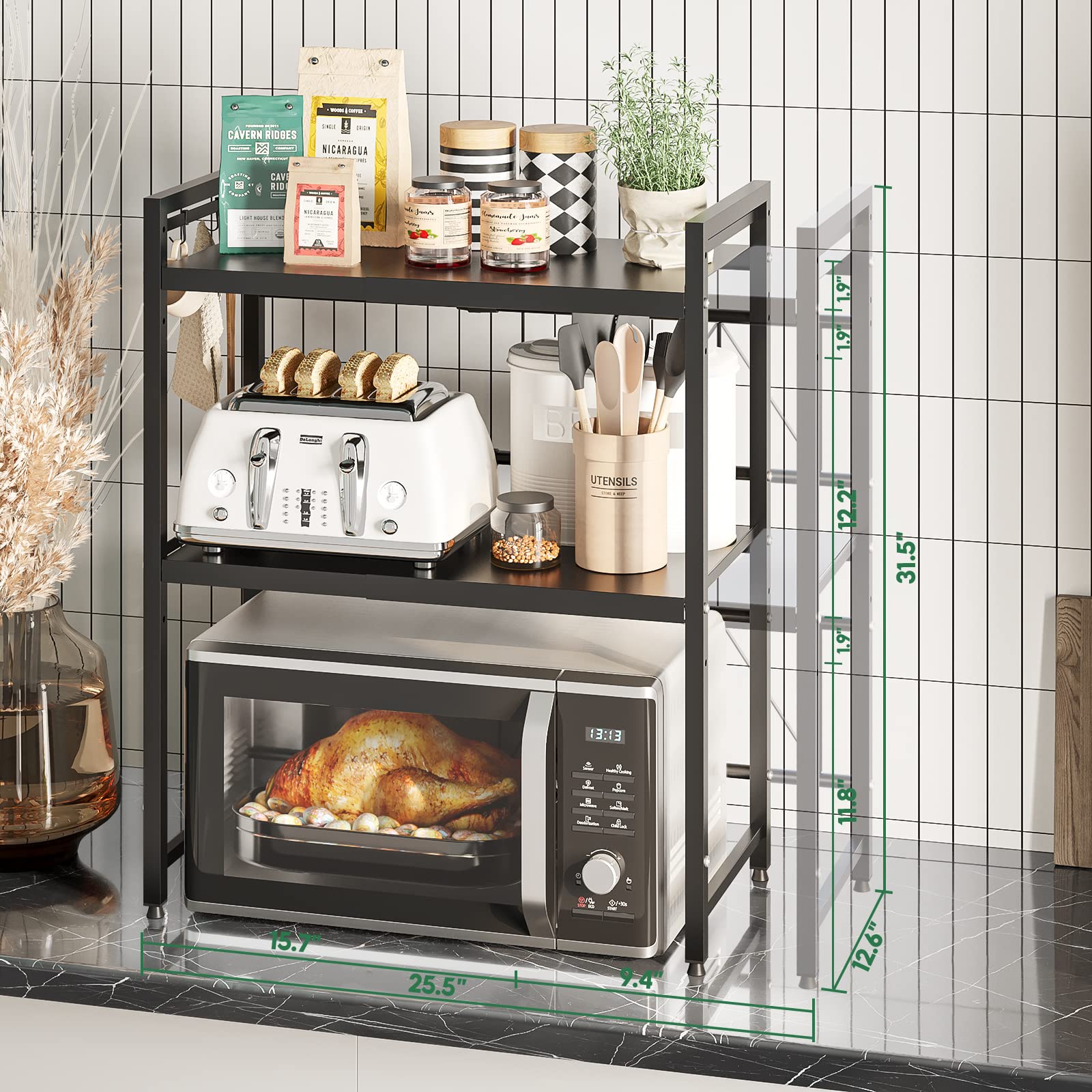 3-Tier Expandable Microwave Stand with 8 Hooks - Heavy Duty Metal Kitchen Countertop Organizer Shelf, Baker Rack & Oven Shelf - 110lbs Weight Capacity - Perfect for Small Kitchens, Apartments & Dorm Rooms