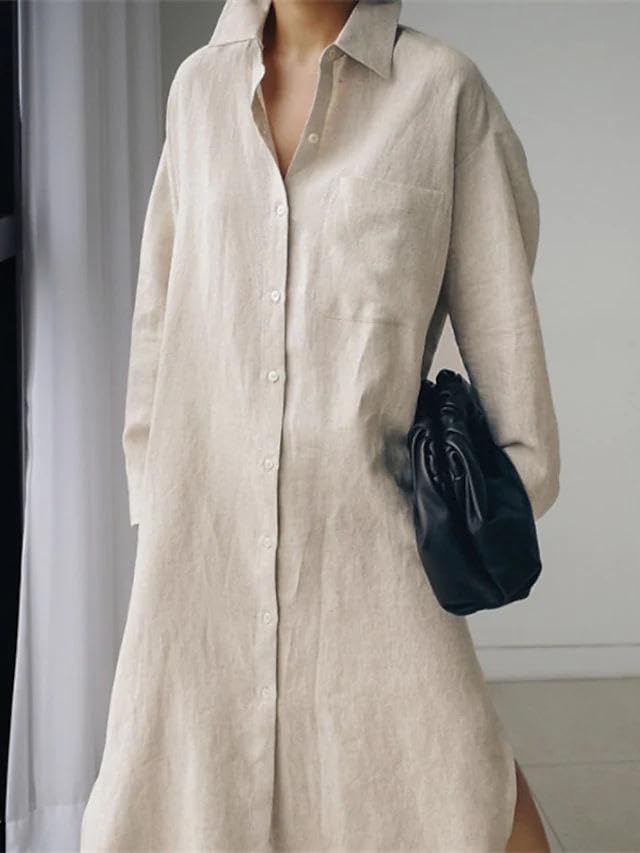 Women's Cotton Linen Long Sleeve Shirt Dress - Spring Summer Casual Midi Dress with Western Buttons | Elegant Office Wear, Weekend Brunch & Date Night Outfits