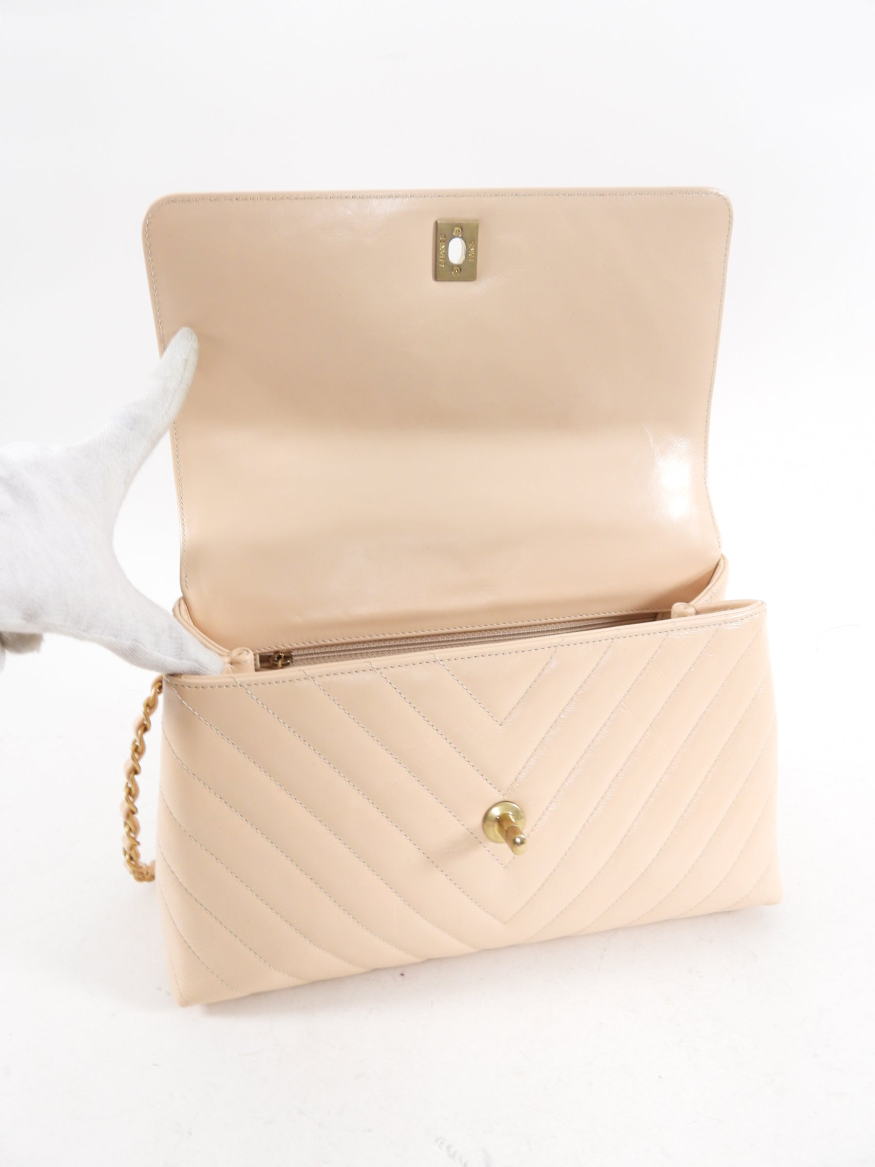 Chanel Nude Chevron Aged Leather Exotic Top Handle Flap Bag - Luxury Designer Handbag for Women, Perfect for Parties, Work & Special Occasions
