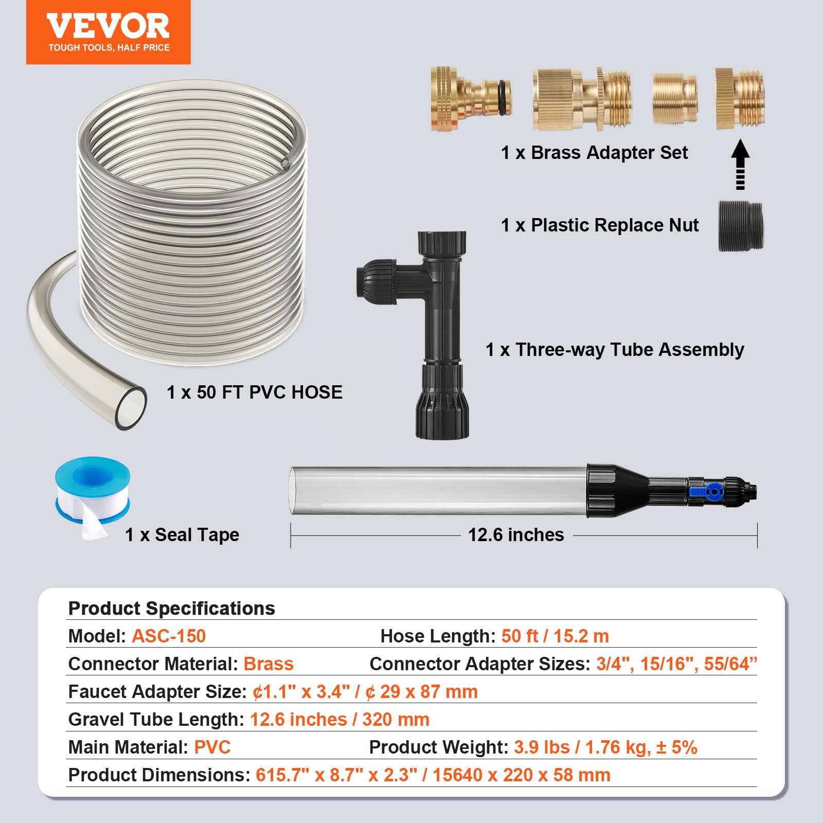 VEVOR Aquarium Gravel Cleaner with 50ft PVC Hose - 3 Brass Adapters for Fish Tank Cleaning | Sand & Gravel Siphon Vacuum | Perfect for Freshwater & Saltwater Tank Maintenance