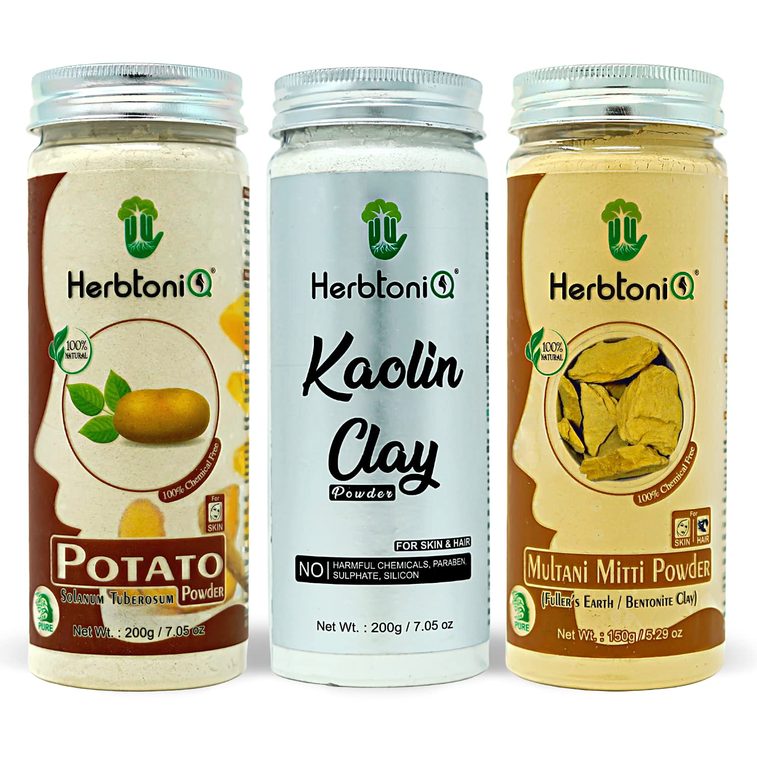 HerbtoniQ Potato Powder & Kaolin Clay Multani Mitti Face Pack | Natural Skin Brightening, Acne & Pimple Treatment | DIY Glowing Face Mask, Scrub, Body Pack | Pure & Chemical-Free | Unisex Skincare Set (550g) | Perfect for Daily Skincare Routine & Spa Treatments