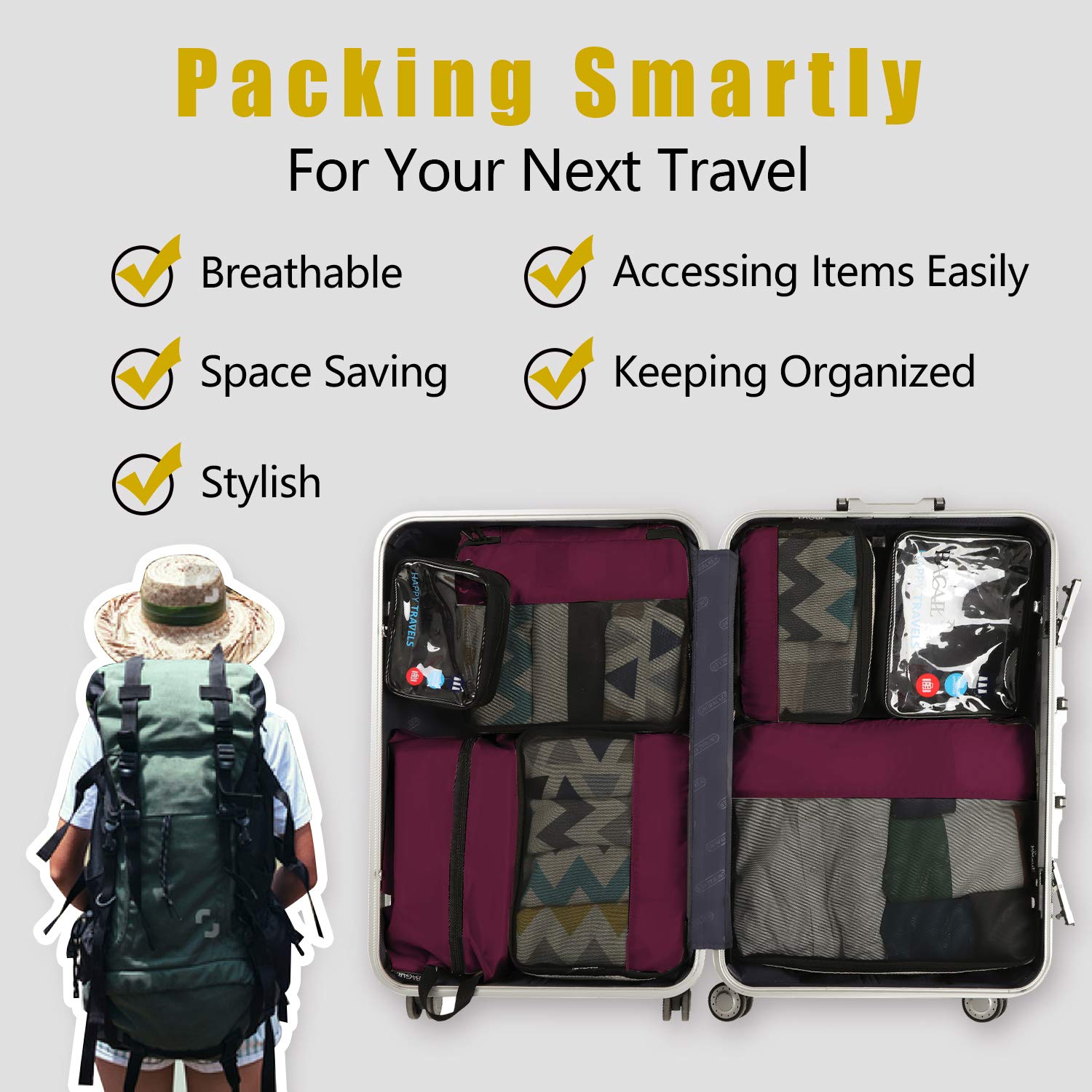 BAGAIL 8-Piece/9-Piece Travel Packing Cubes Set - Lightweight Luggage Organizers for Suitcases, Carry-On Bags & Travel Accessories - Perfect for Business Trips, Vacations & Weekend Getaways