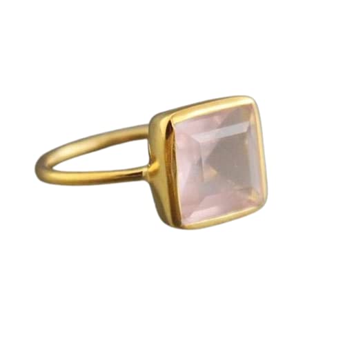 Rose Quartz Ring - 925 Sterling Silver Statement Ring with Faceted Square Cut Gemstone | January Birthstone Jewelry for Women | Elegant Dainty Rose Quartz Ring in Yellow Gold | Perfect Gift for Lovers, Proposals & Special Occasions | Ideal for Valentine's Day, Anniversaries & Romantic Dates