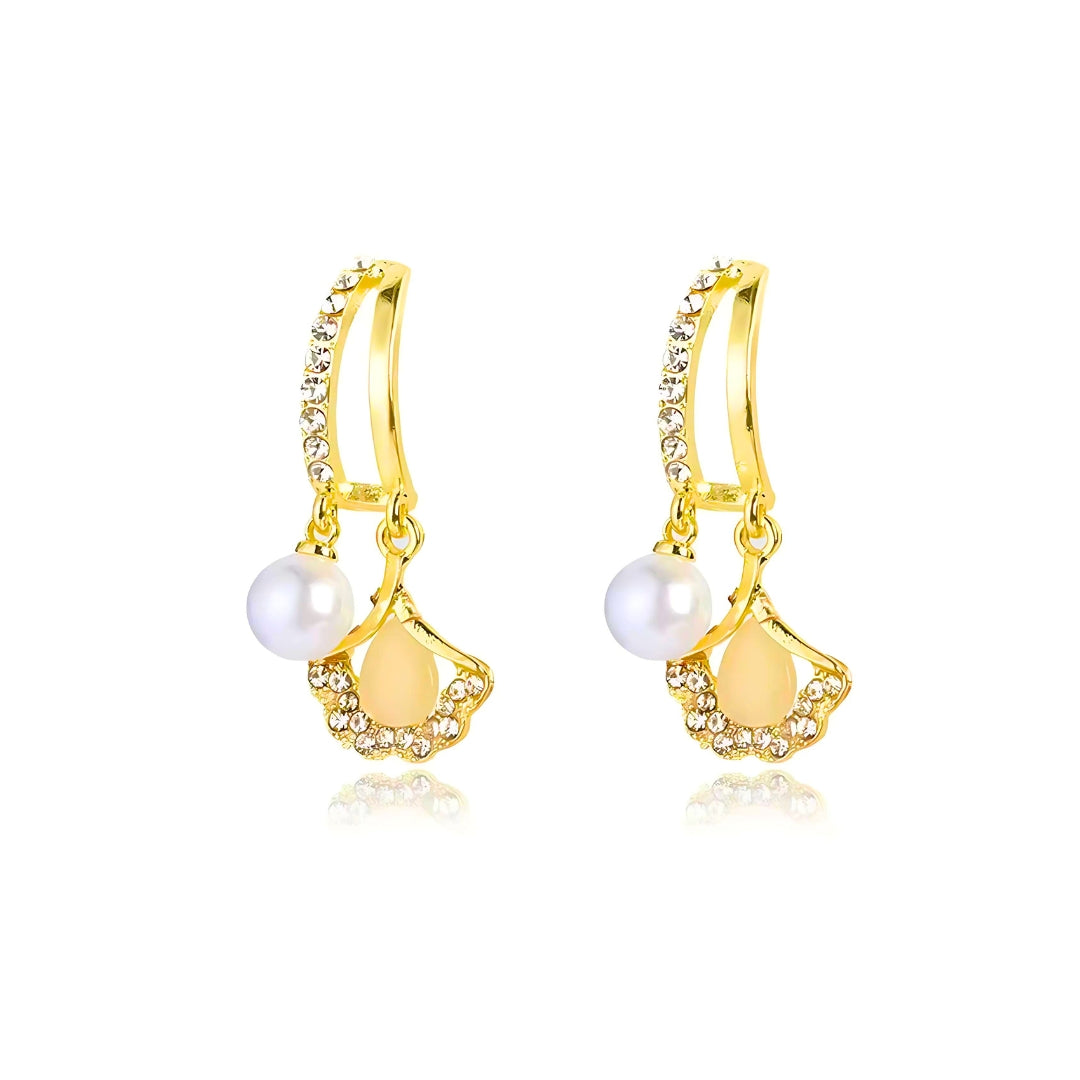 Ginkgo Leaf Hoop Earrings with Dangle Pearl | A8079 - Elegant Nature-Inspired Jewelry for Women, Perfect for Weddings, Parties & Everyday Wear