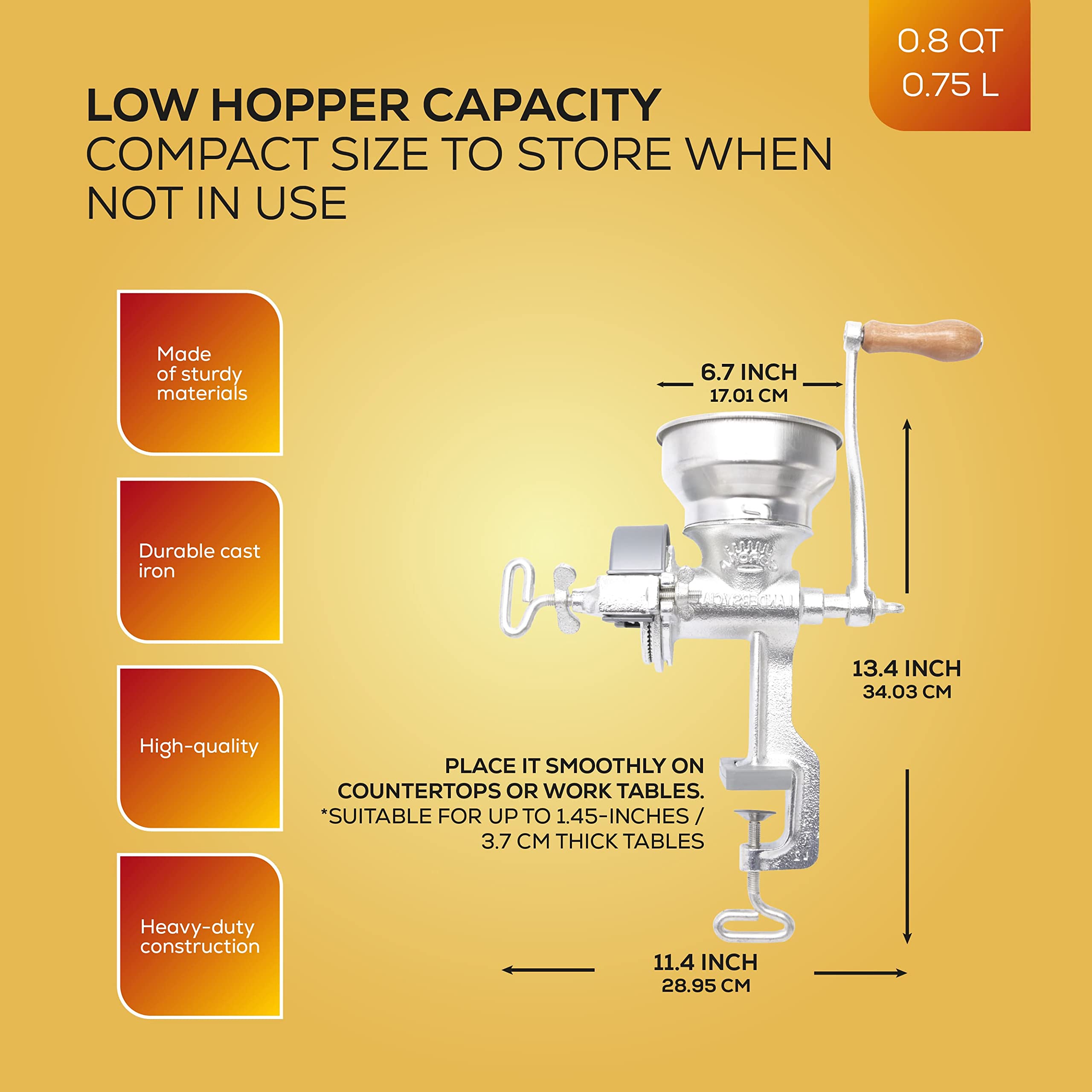 Premium Cast Iron Manual Corn Grinder - Low Hopper Grain Mill for Corn, Rice, Soybeans, Pepper & Chickpeas | Hand Crank Wheat Grinder for Home Use | Perfect for Baking, Camping & Emergency Food Prep