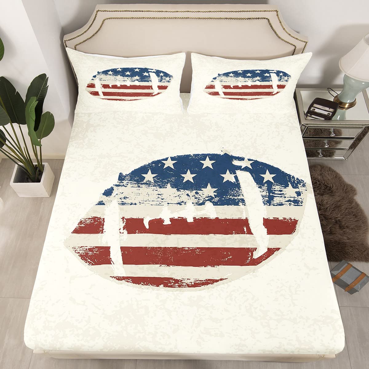 American Flag Rugby Bed Sheet 4-Piece Set - Full Size Patriotic Themed Bedding with Flat Sheet, Fitted Sheet & 2 Pillowcases - Retro Sports Design for Game Day, Dorm Room or Patriotic Home Decor