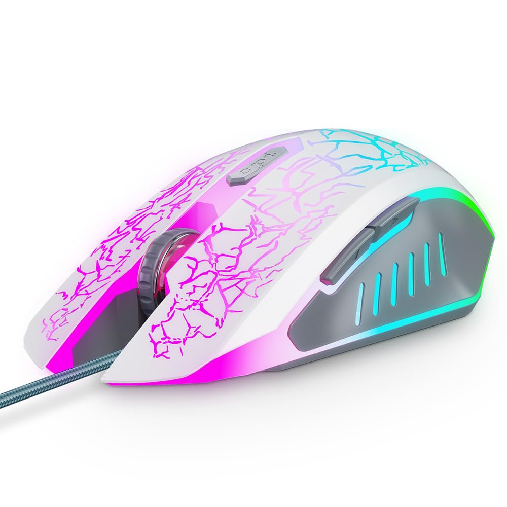 VersionTECH. Wired Gaming Mouse - Ergonomic RGB Backlit Mouse with 7 LED Lights, 6 Programmable Buttons & 4 Adjustable DPI for PC, Laptop, Chromebook, Mac - Perfect for Gaming, Office Work & Graphic Design (White)