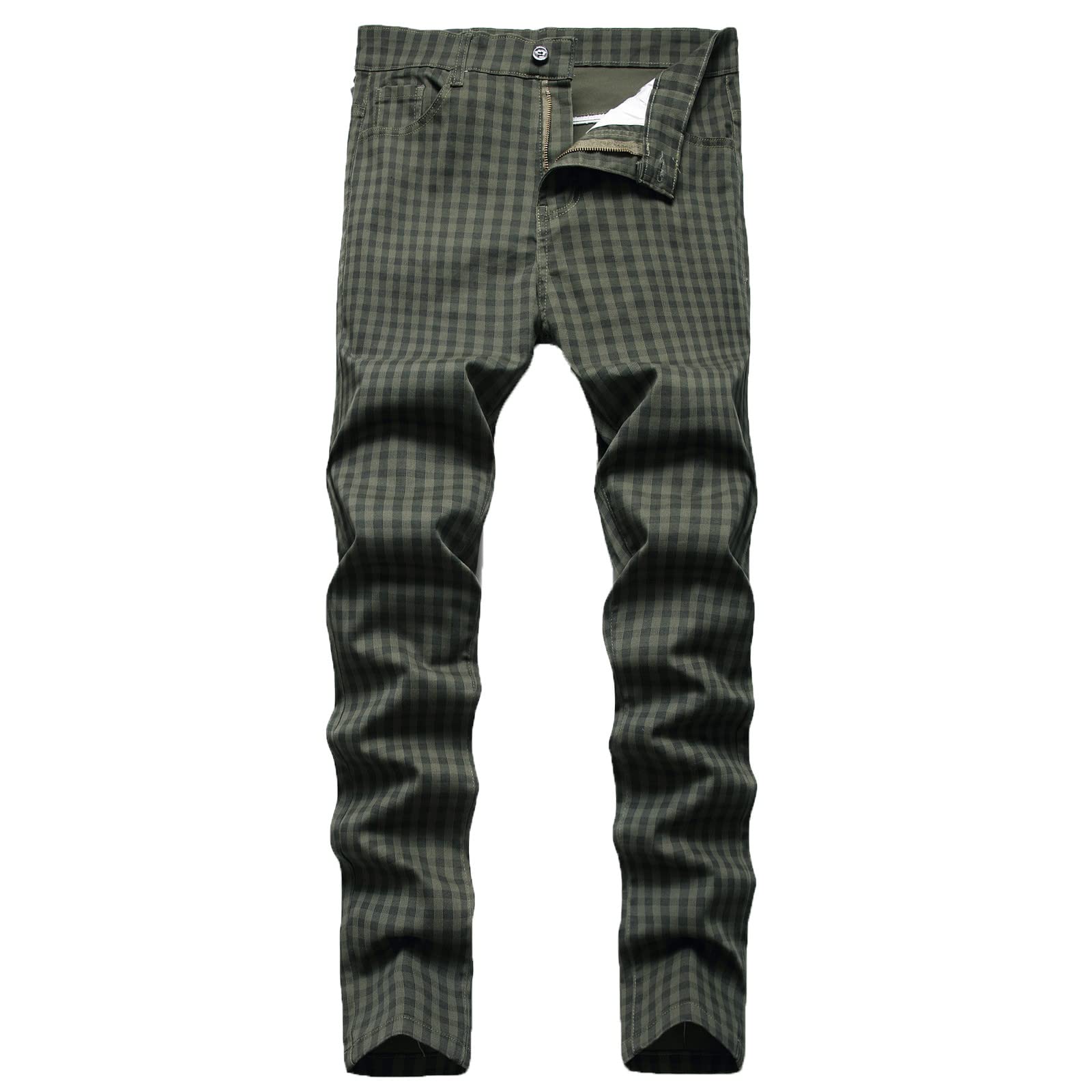 Men's Linen Pants - Casual Plaid Printed Straight Leg Slim Fit Trousers with Buckle & Zipper | Classic Work Pants for Office, Summer & Travel