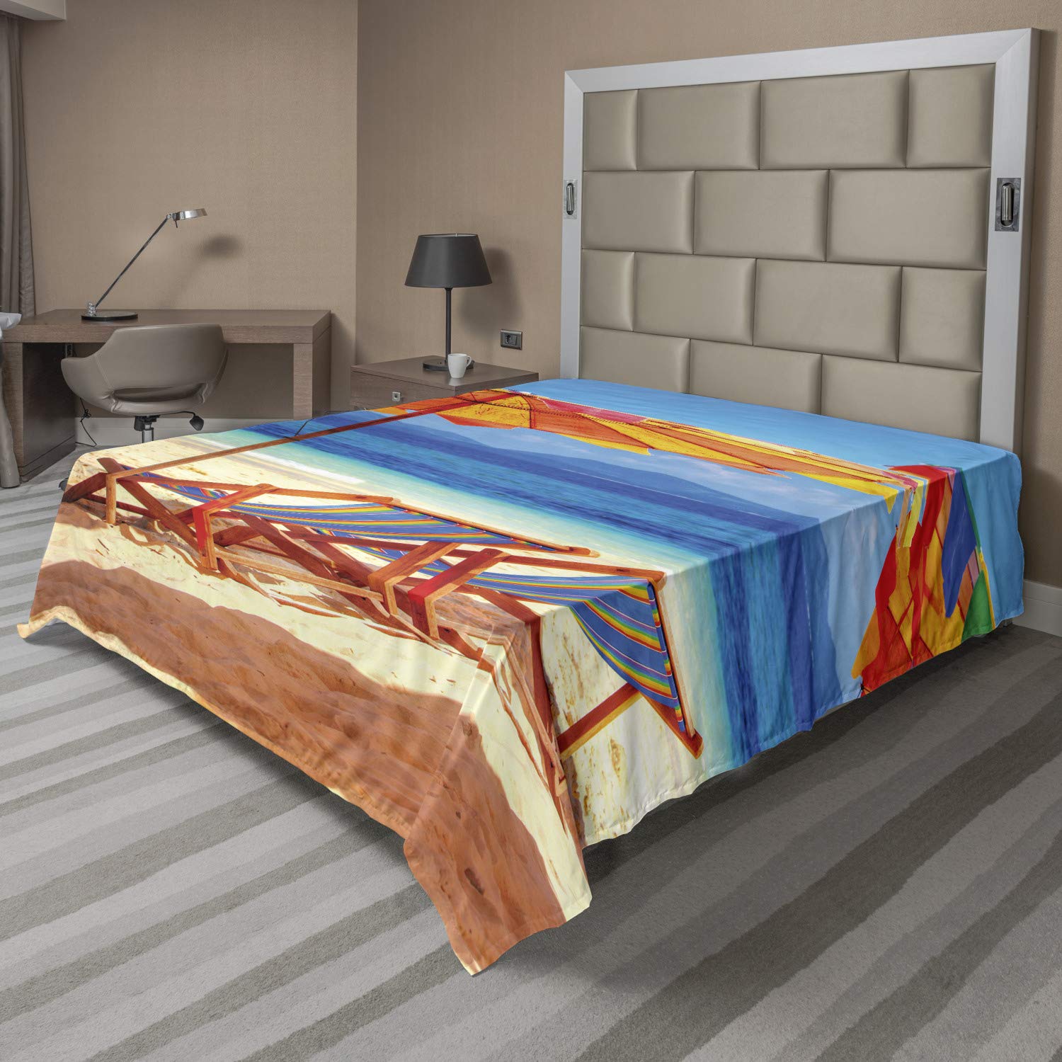 Ambesonne King Size Flat Sheet - Tropical Thailand Beach Design with Deck Chairs, Soft & Comfortable Decorative Bedding (1 Piece, Orange & Blue) - Perfect for Coastal Themed Bedrooms, Vacation Homes & Beach House Decor