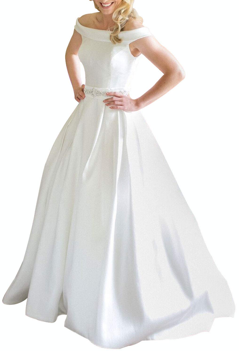 JAEDEN Off Shoulder Satin A-Line Wedding Dress with Crystal Sash – Elegant Bridal Gown for Bride – Perfect for Church Ceremony, Beach Wedding & Formal Reception