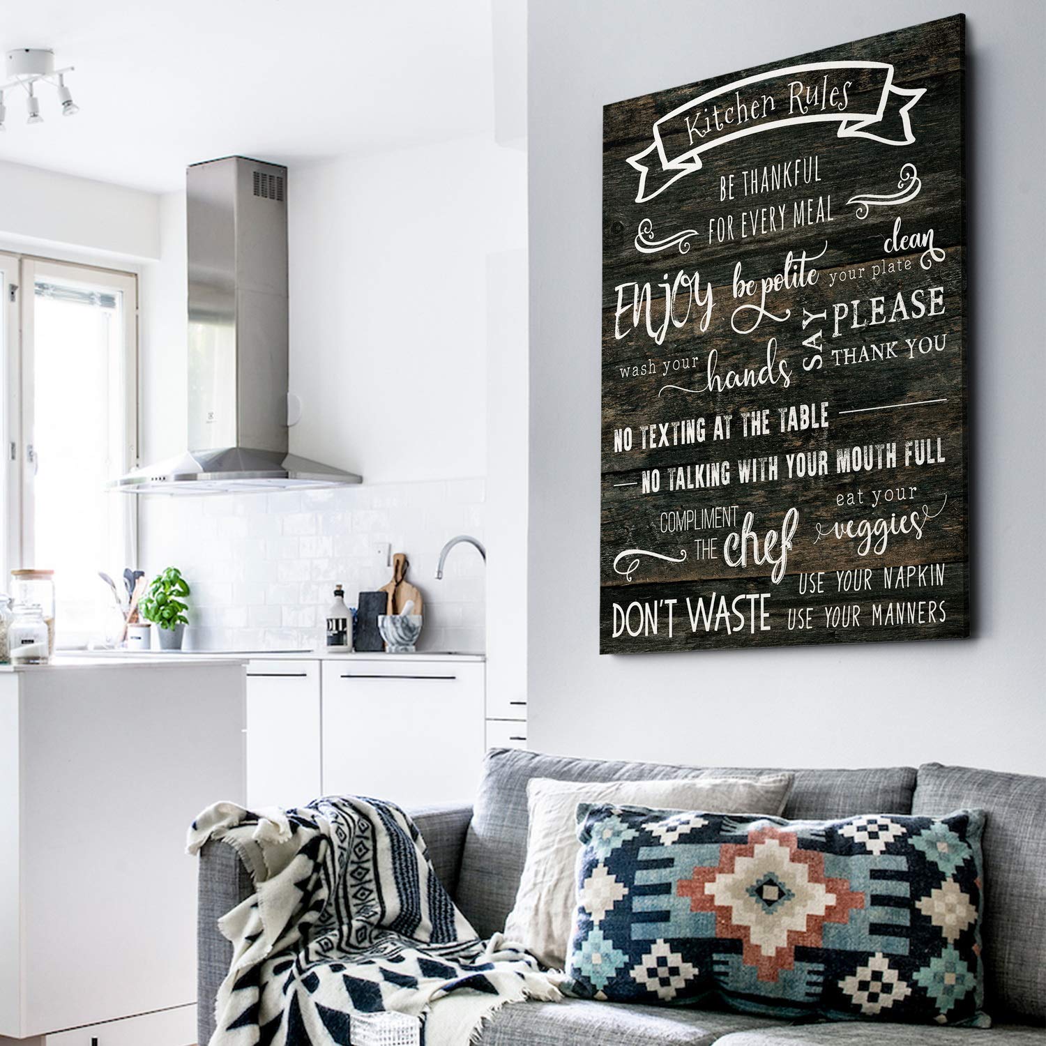 Kitchen Rules II Gallery Wrapped Canvas Wall Art - Modern Home Decor for Kitchen, Dining Room & Office - Perfect Housewarming Gift