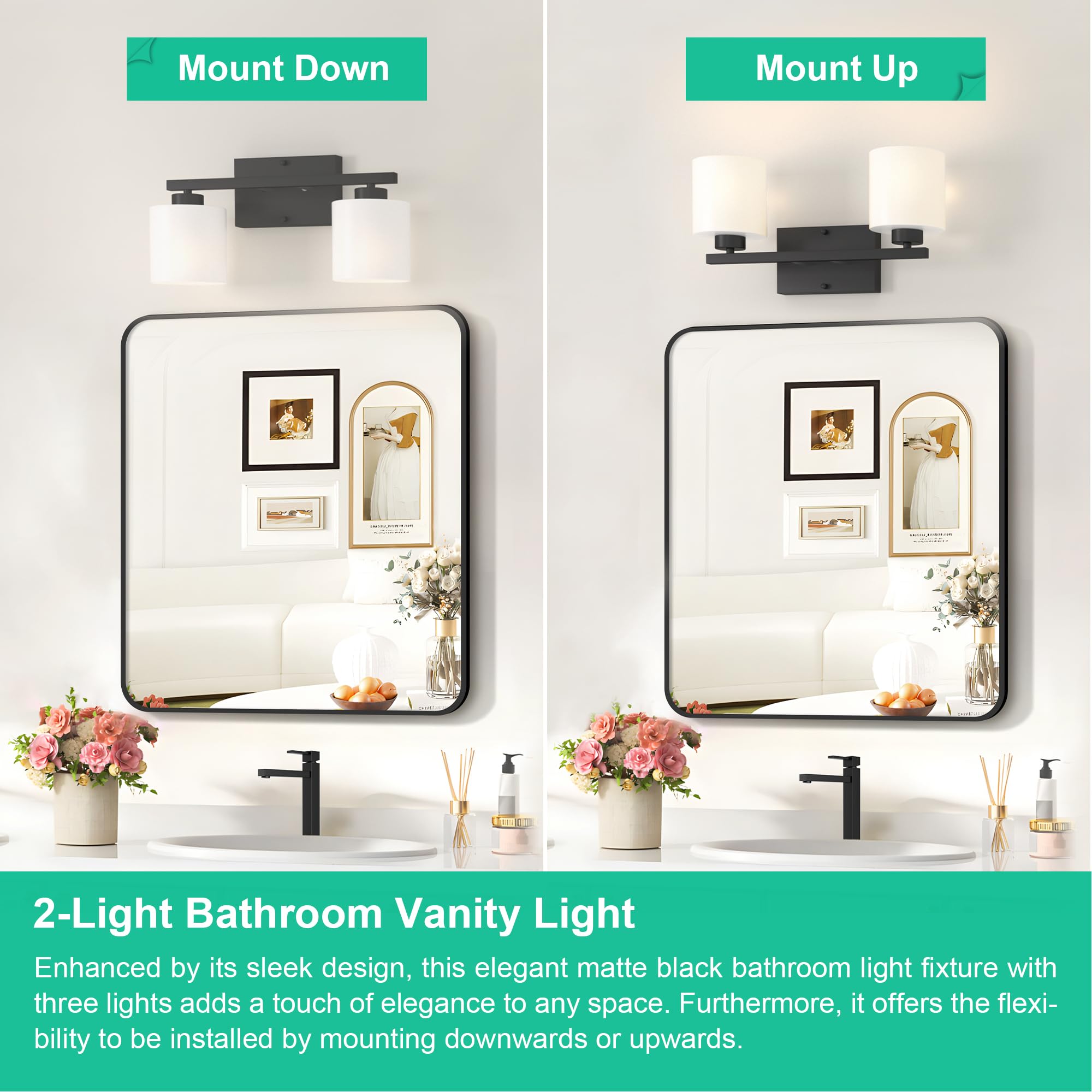 Modern Black Vanity Light - 2 Light Anti-Rust Bathroom Fixture for Mirror