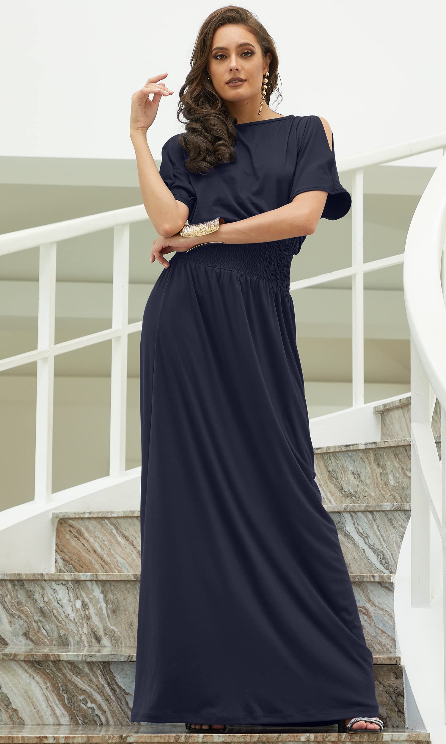 Elegant Women's Split Sleeve Smocked Cocktail Maxi Dress - Perfect for Evening Parties, Weddings & Special Occasions