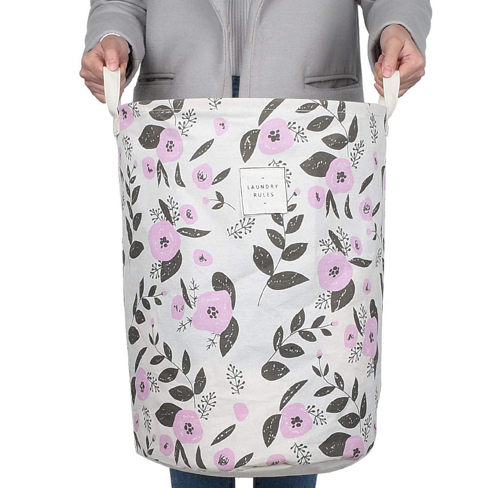 UUJOLY Collapsible Laundry Basket with Handles - Waterproof Round Cotton Linen Hamper for Clothes Storage - 19.7x15.7 Inches Purple - Perfect for Bedroom, Bathroom, Dorm & Laundry Room Organization