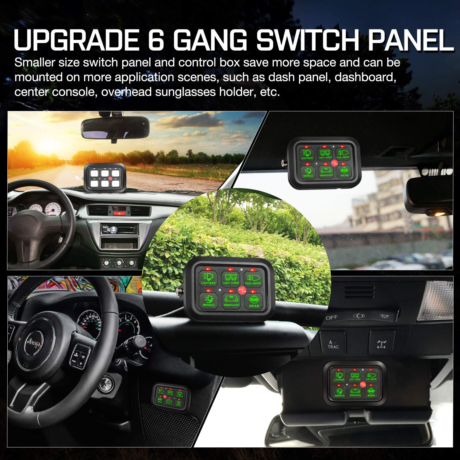 6 Gang Switch Panel with Auto Power Plus - Universal Dimmable Touch Control Box with Relay System & Harness Label Sticker for Car, Marine, Boat, ATV, UTV, Truck - Perfect for Off-Road Adventures & Night Driving