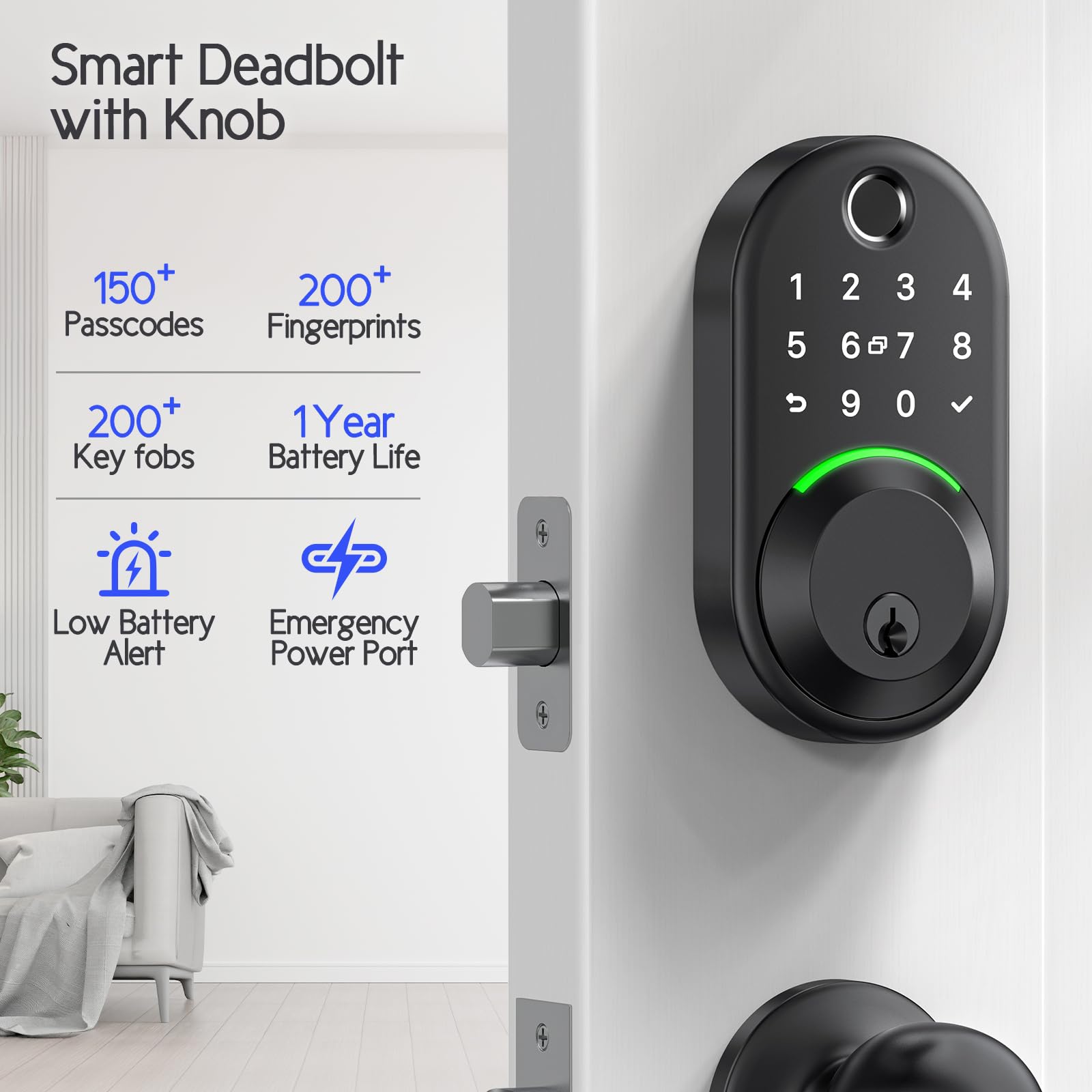 Smart Keypad Deadbolt Lock with Knob - Keyless Entry Fingerprint Door Lock for Front Door, Electronic Code Handle Set with Auto Lock - Perfect for Home Security & Smart Access Control