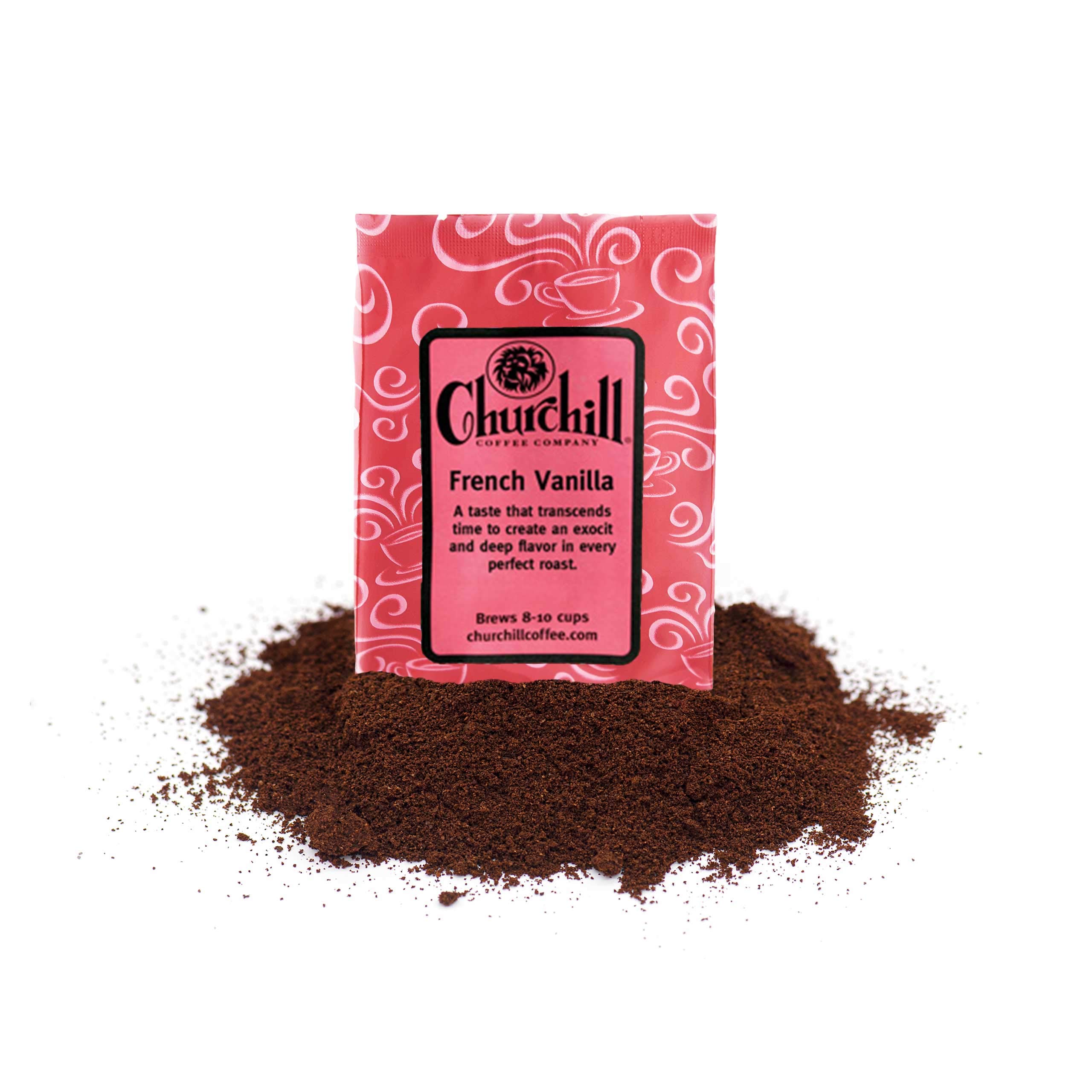 Churchill Coffee French Vanilla Flavored Ground Coffee - 10 Portioned Packs (1.5 oz Each) - Perfect for Office, Home Brewing & Gifts