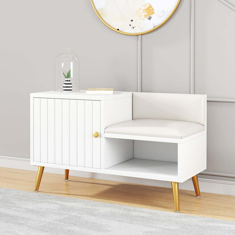 Modern White Upholstered Shoe Storage Bench with Cabinet & Shelf - Entryway Organizer for Hallway, Bedroom or Mudroom - Space Saving Shoe Rack with Seat
