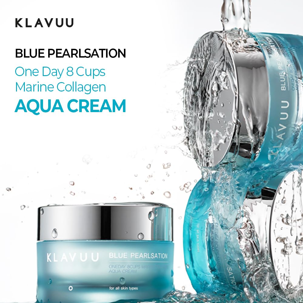 BLUE PEARLSATION ONE DAY 8 CUPS AQUA CREAM - Cooling Hydrating Face Moisturizer with Niacinamide & Marine Collagen | Lightweight Korean Skincare for Sensitive Skin | Wrinkle Care & Soothing Cream | 1.69 fl oz | Perfect for Daily Hydration & Summer Skin Relief