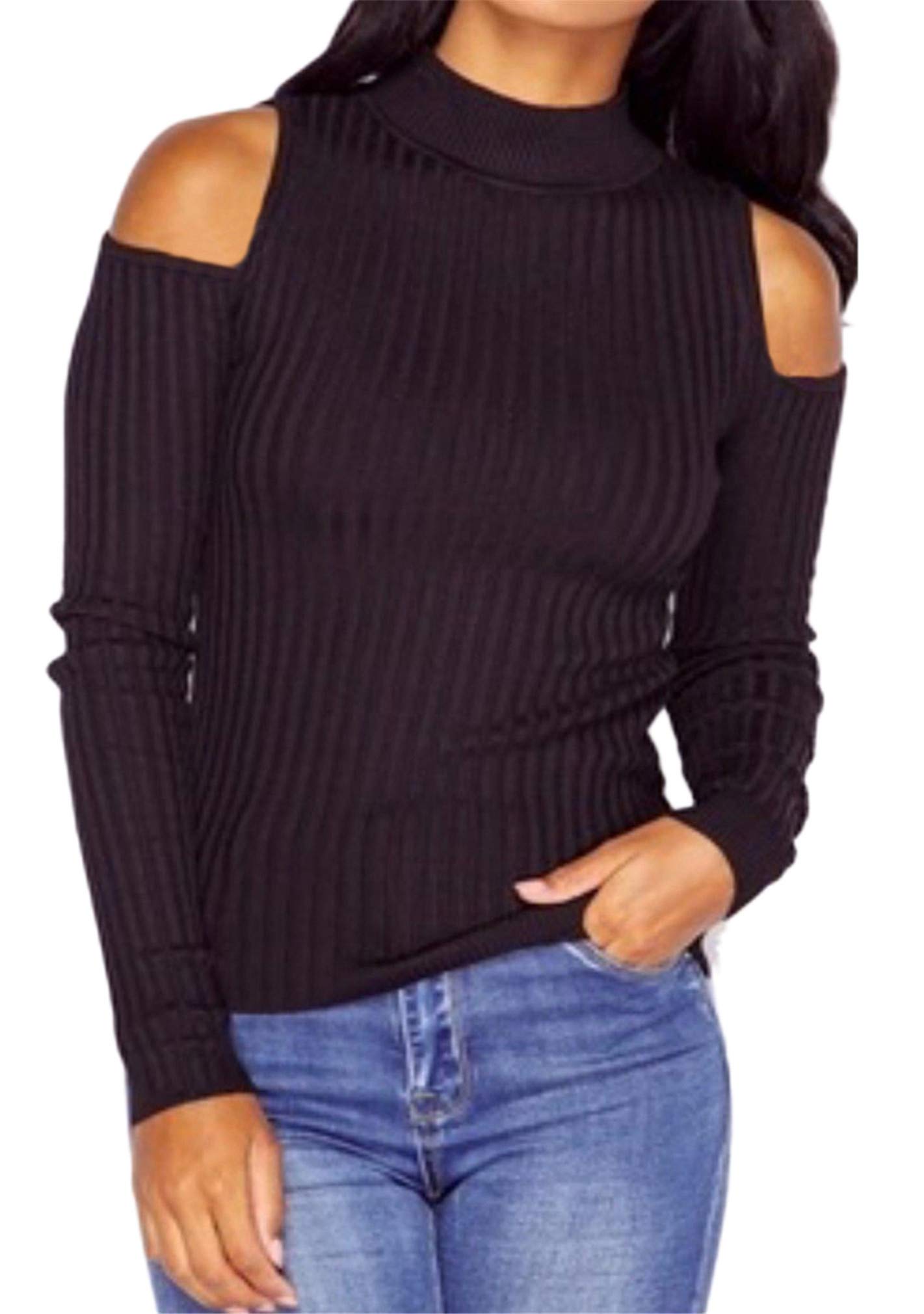 BOFETA Women's Cold Shoulder Long Sleeve Chunky Knit Sweater - Sexy Solid Color Pullover (XS-3XL) for Fall Winter Fashion, Date Night & Office Wear