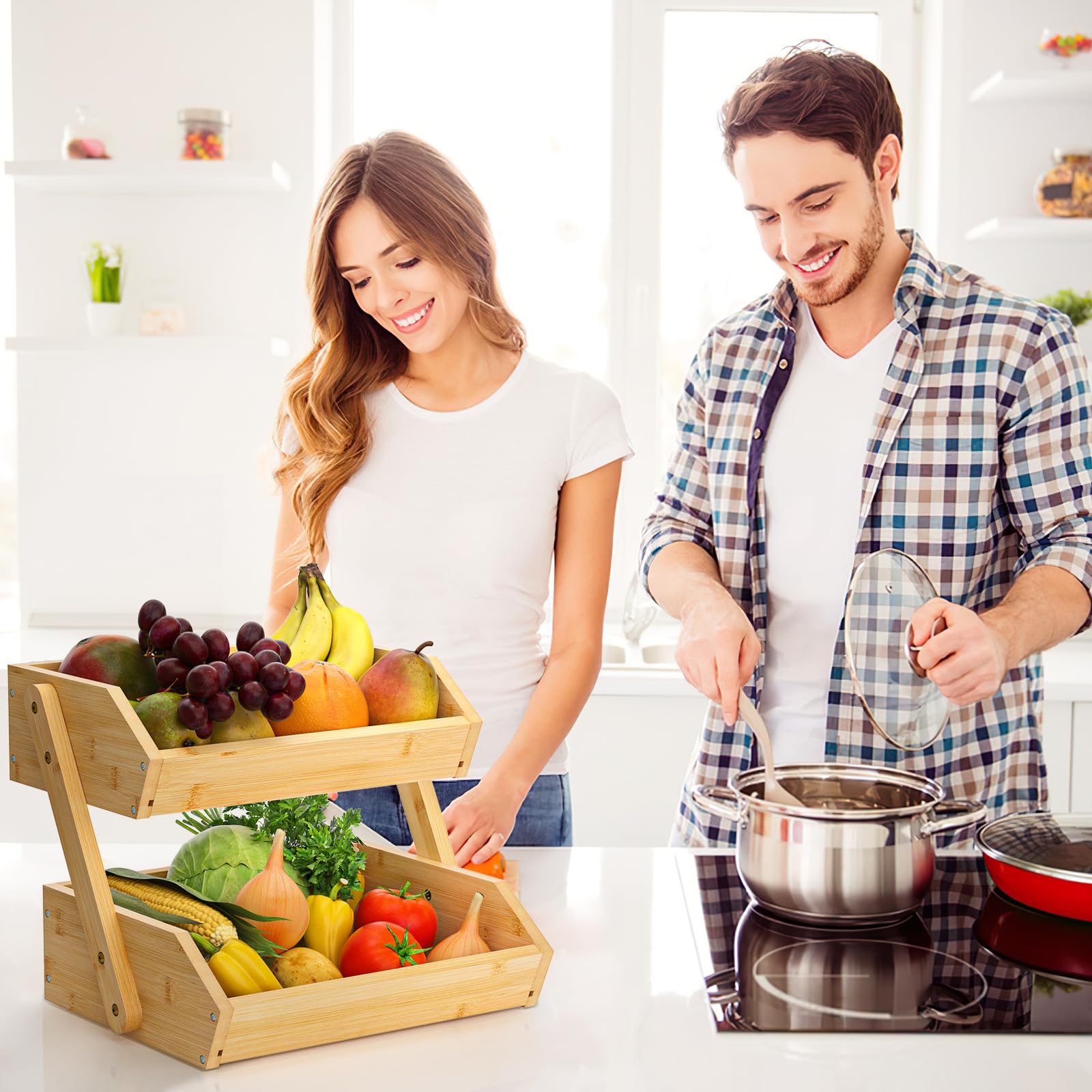 Premium 2-Tier Bamboo Fruit Basket - Large Kitchen Countertop Organizer for Fruits & Vegetables | 15mm Thick Natural Bamboo | Easy Self-Assembly | Perfect for Home Kitchen, Dining Room, or Fruit Shop Display