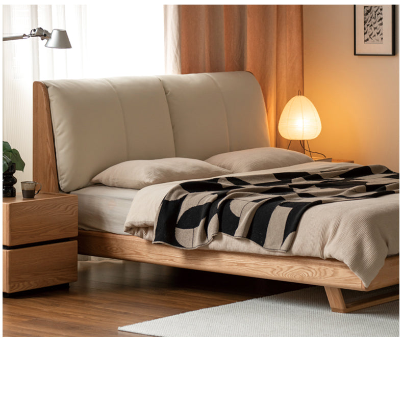 Italian Light Luxury Solid Wood Bed in Oak & Ash with Genuine Leather Upholstery - Perfect for Master Bedrooms, Guest Rooms & Modern Home Decor