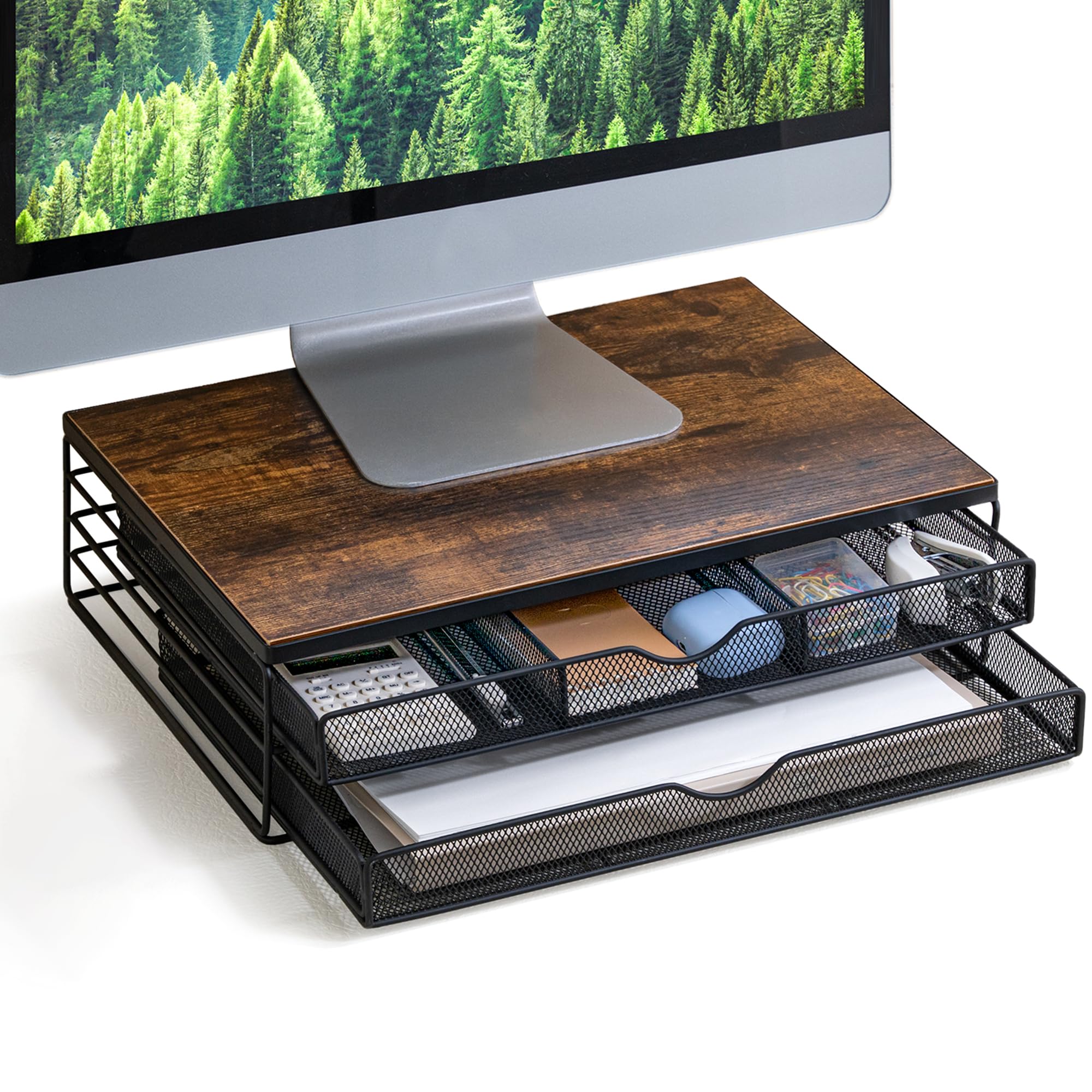 ARCOBIS Wood Monitor Stand with Drawers - 40LB Capacity, Rustic Brown for Home Office Desk