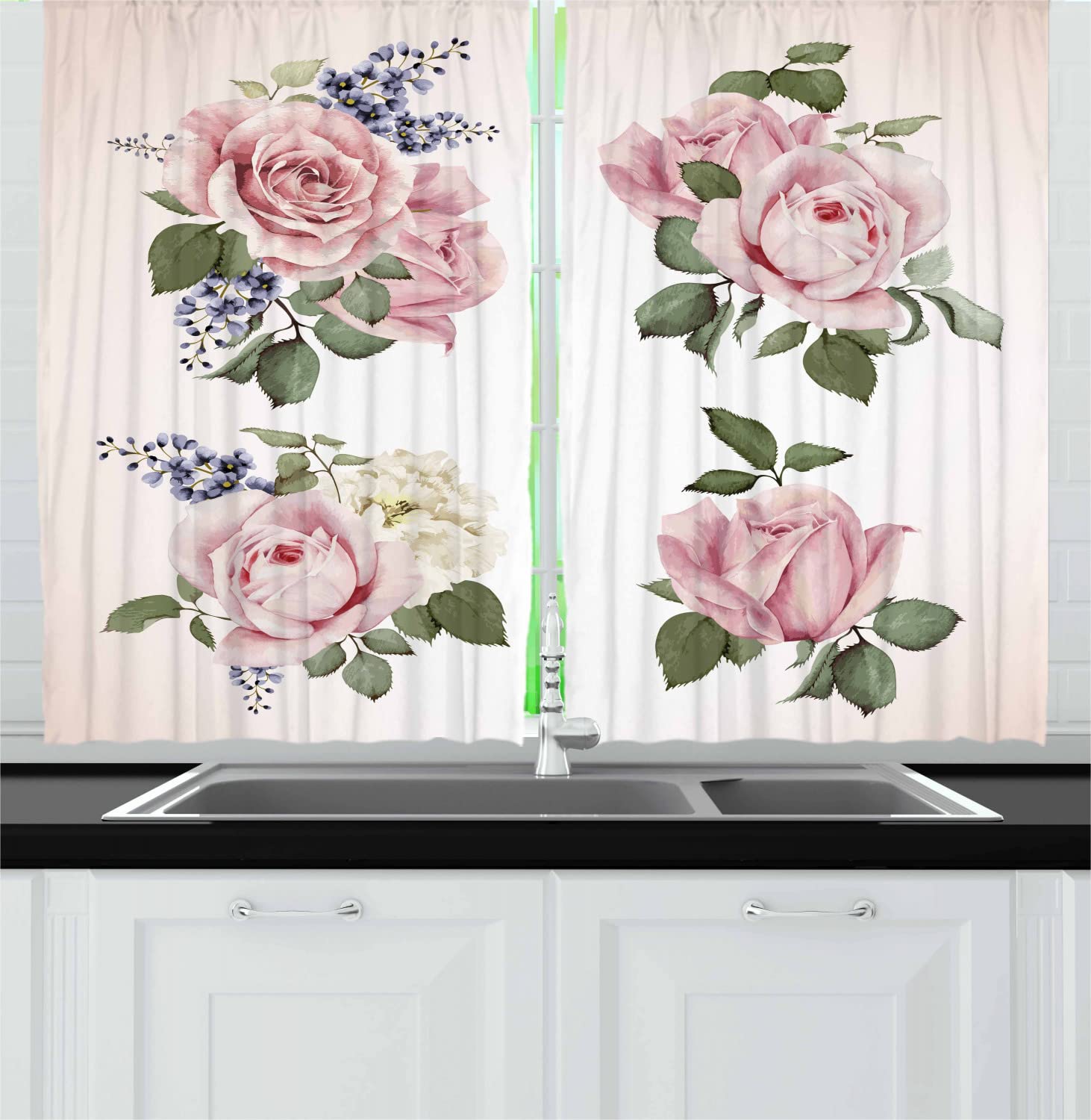 Ambesonne Floral Rose Long Kitchen Curtains - 55