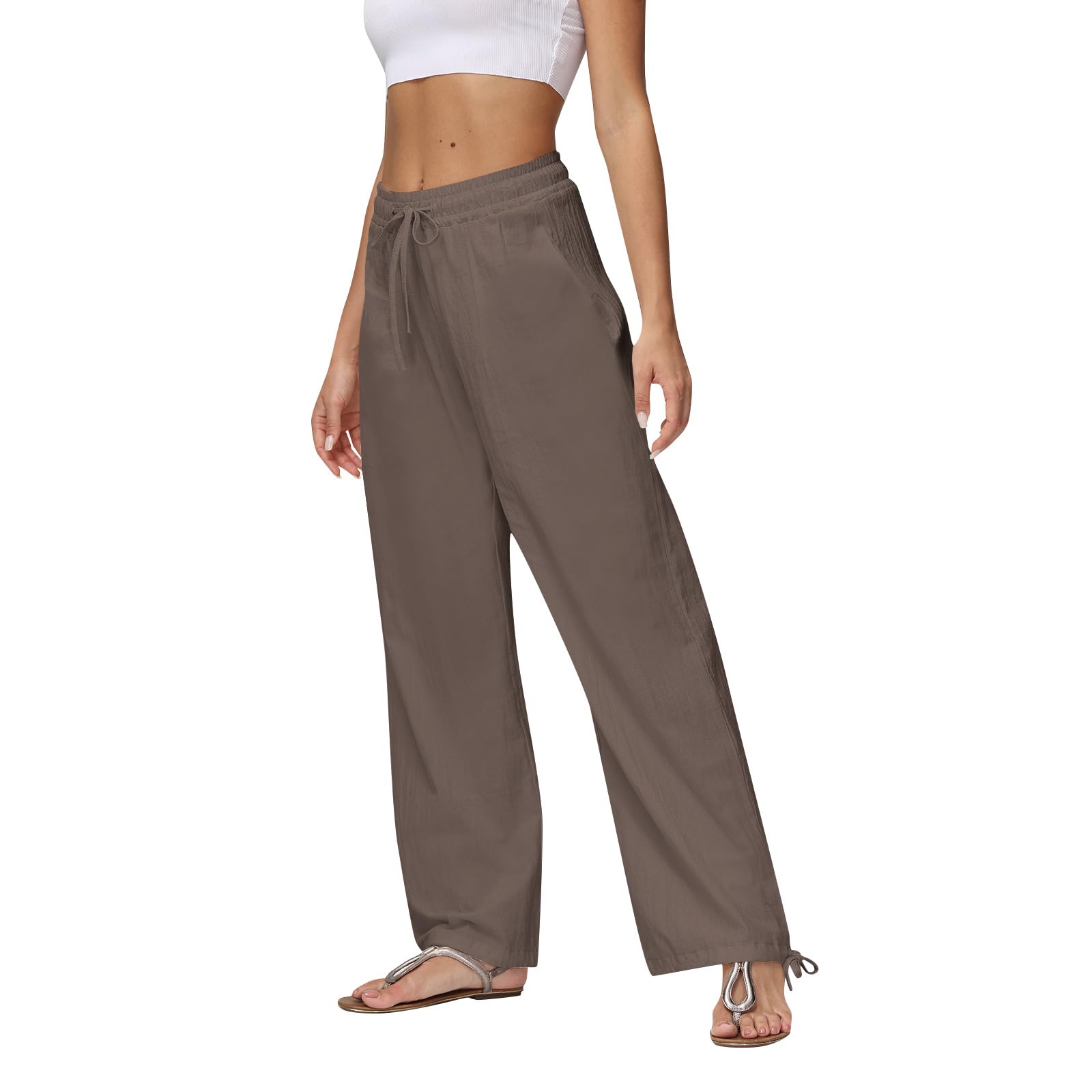 Women's Cotton Linen Palazzo Pants - Summer Loose Drawstring Waist Wide Leg Casual Trousers with Pockets | Perfect for Beach, Yoga & Boho Outfits