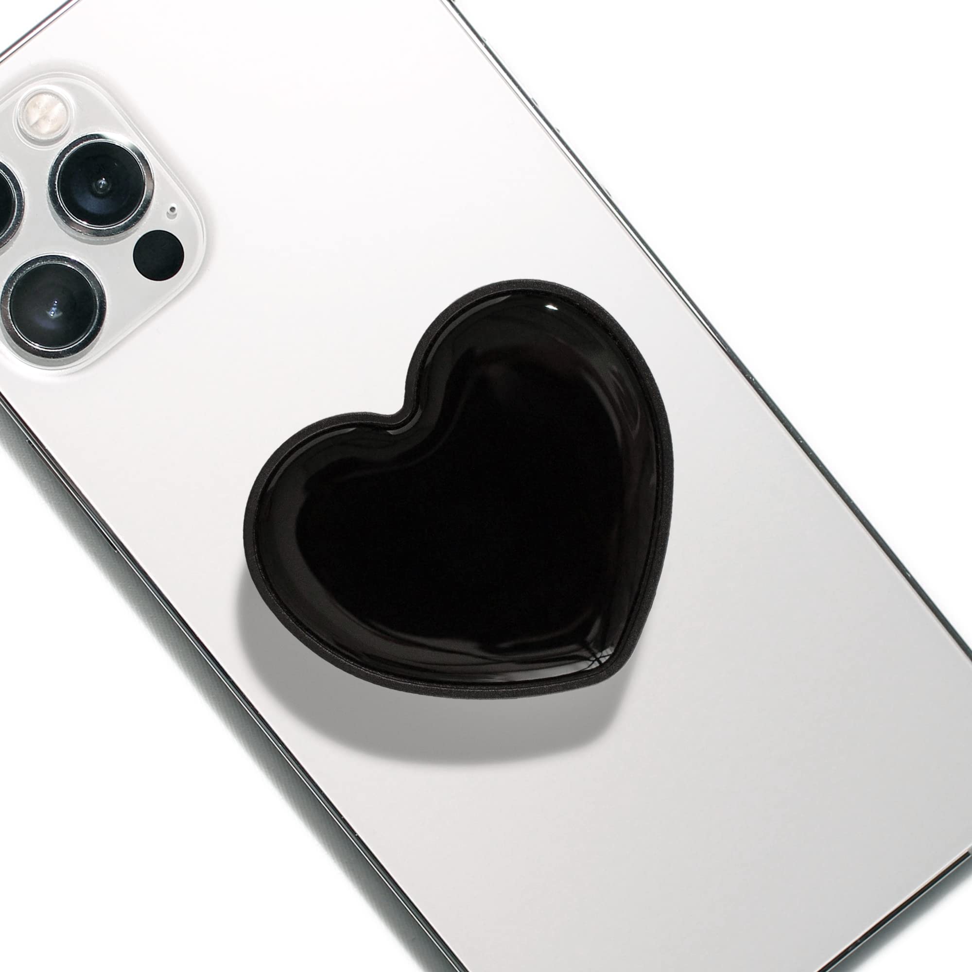 OnTheGrip Cute Solid Macaron Color Heart Shape Collapsible Phone Grip Stand Holder for iPhone Samsung Smartphones & Tablets - Perfect for Watching Videos, Taking Selfies & Hands-Free Calling (Black)