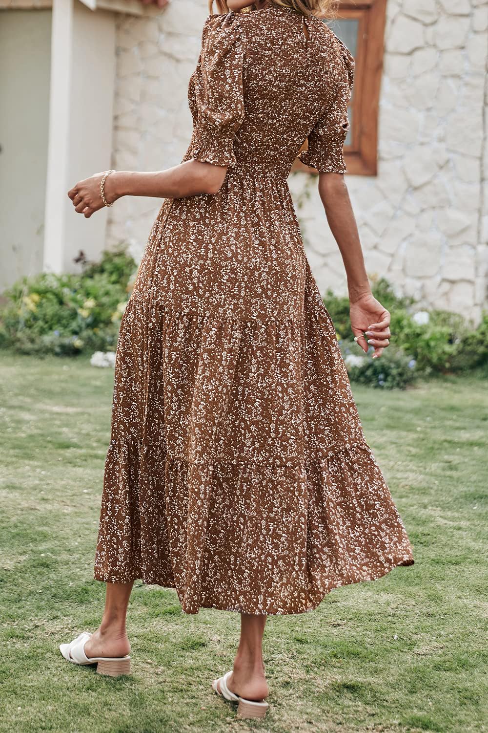 BTFBM Women's Casual Summer Floral Print Maxi Dress - Crew Neck, Ruffle Short Sleeve, Smocked Waist, Boho Style for Spring/Summer 2025 | Perfect for Beach Vacations, Date Nights & Outdoor Parties