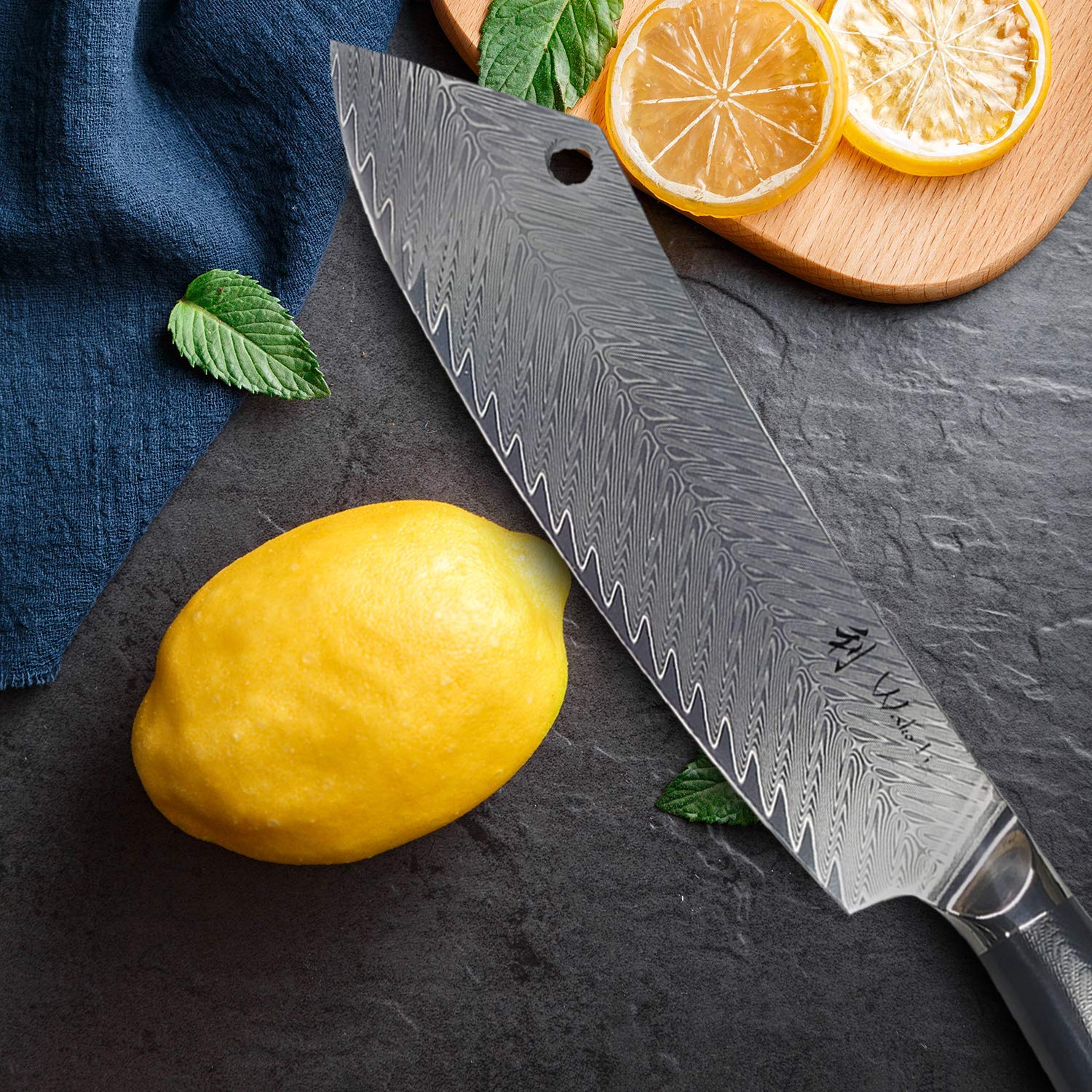**Wakoli Damascus Chef Knife 9.3-inch - Ultra Sharp 67-Layer Genuine Damascus Steel Kitchen Knife with G10 Handle, Feza Series - Perfect for Slicing, Dicing & Professional Cooking**