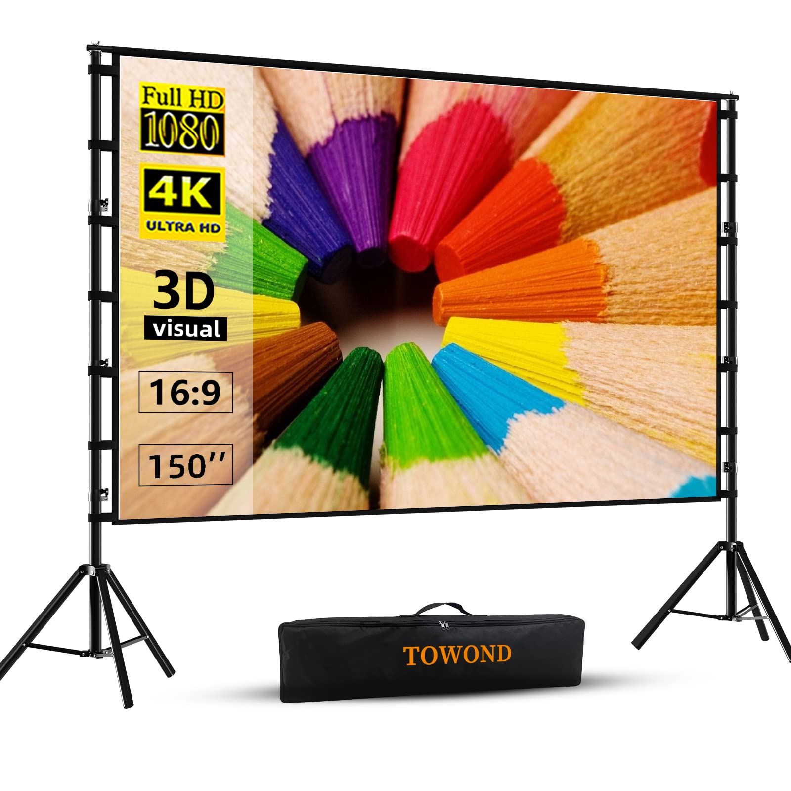 Towond 150 Inch Portable Projector Screen with Stand - Indoor/Outdoor 16:9 4K HD Movie Screen for Home Theater & Backyard Cinema | Wrinkle-Free Design, Includes Carry Bag | Perfect for Movie Nights, Outdoor Events & Presentations