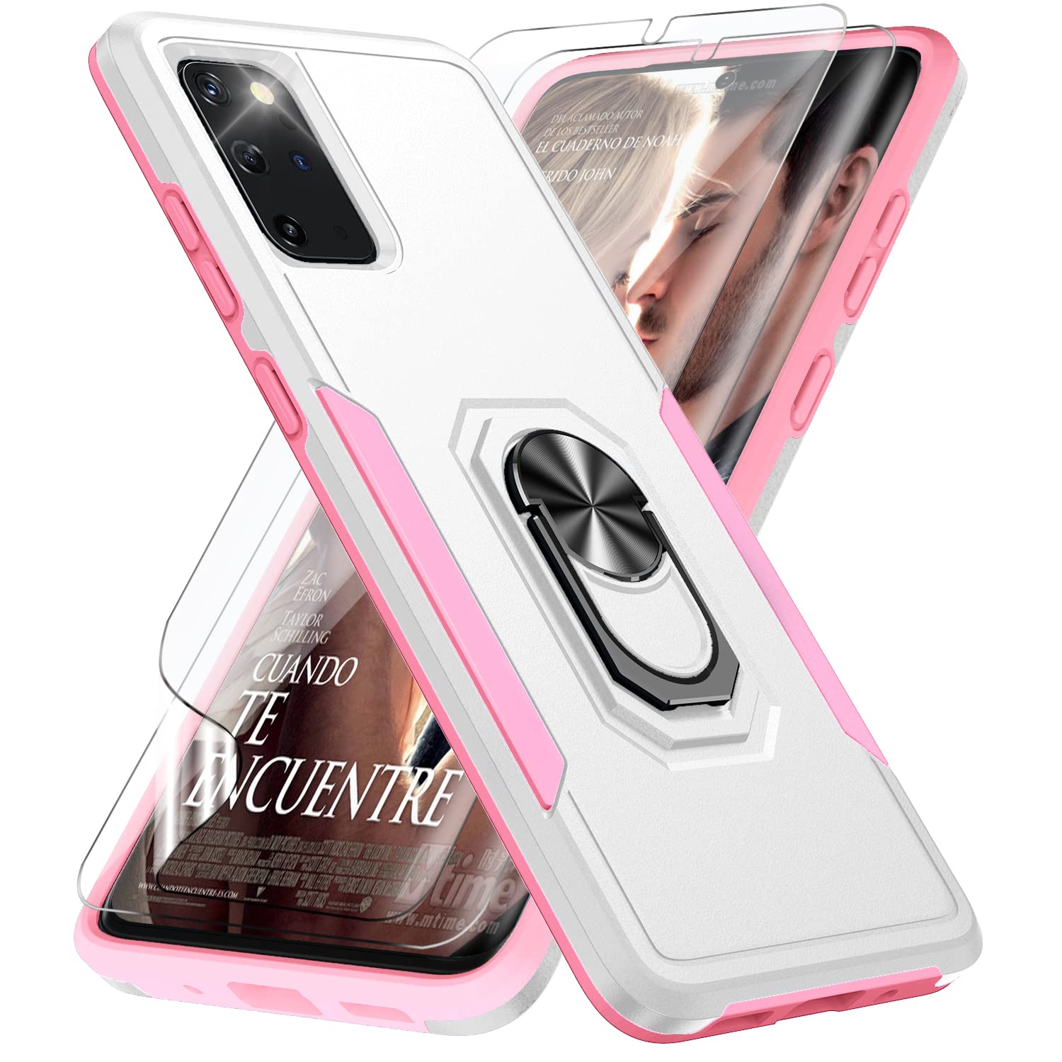 Military-Grade Shockproof Protective Case for Samsung Galaxy S20 Plus with 2-Pack 3D Curved Screen Protectors & 360° Finger Ring Holder - White/Pink - Perfect for Outdoor Activities, Travel, and Daily Protection