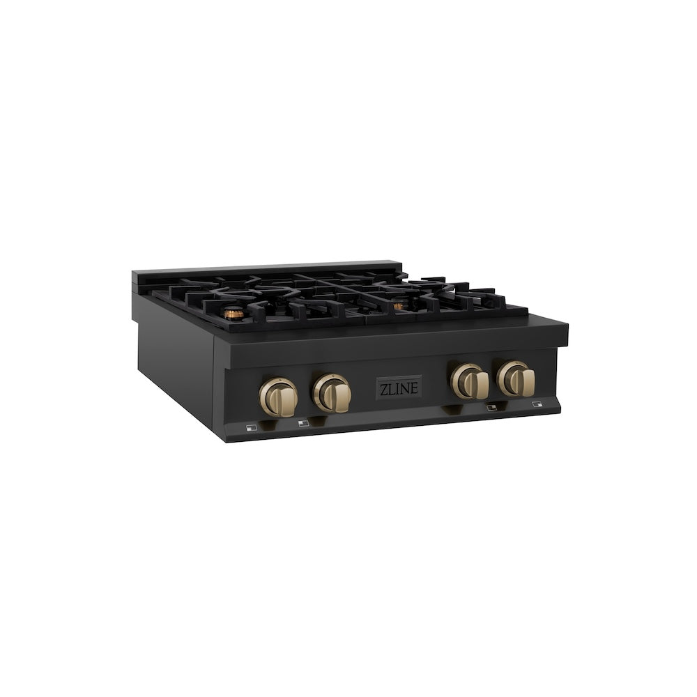 ZLINE Autograph Edition 30 Inch 4-Burner Gas Rangetop - Black Stainless Steel with Champagne Bronze Accents | Professional Porcelain Cooktop for Modern Kitchens | Perfect for Home Chefs & Entertaining (RTBZ 30 CB)