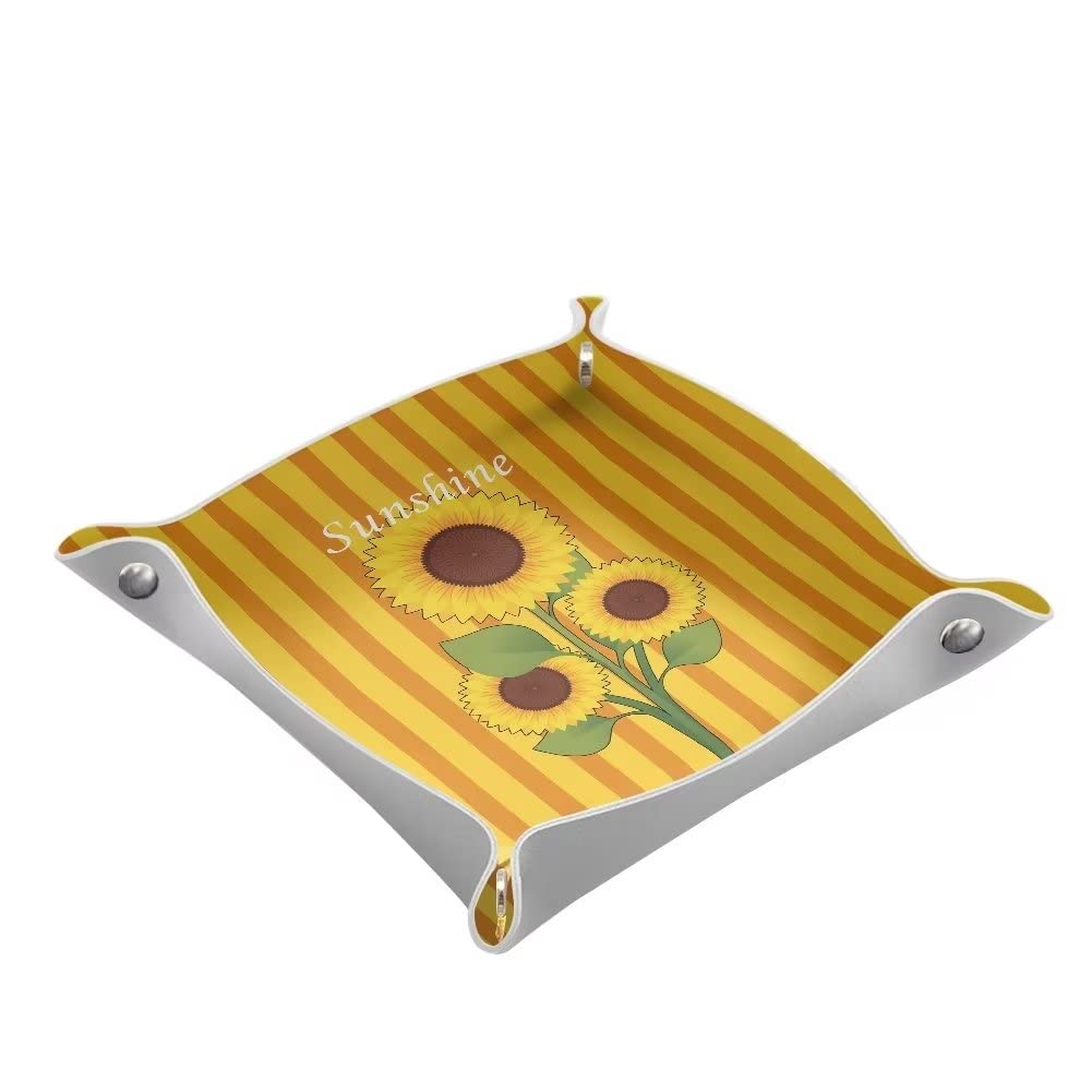 Jiueut Sunflower Print PU Leather Jewelry Tray Organizer - Desktop Storage for Keys, Wallets & Phones - Elegant Catchall Tray for Nightstand, Dresser or Vanity - Perfect Gift for Women's Home Decor