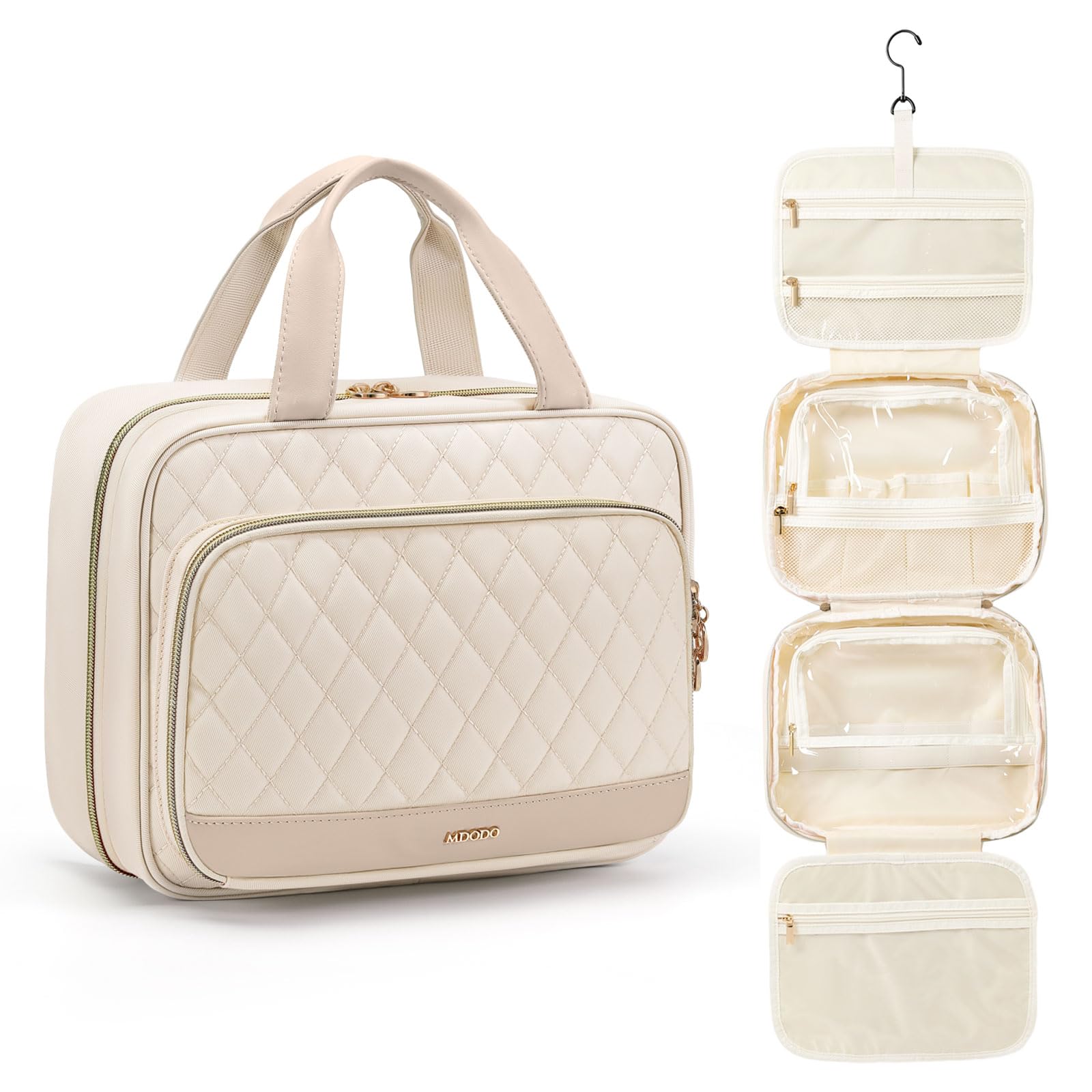 Waterproof Hanging Toiletry Bag for Women Travel - Large Cosmetic Organizer with Multiple Pockets, Makeup Travel Bag Essentials (Beige) | Perfect for Airplane, Gym, Camping & Vacation Trips