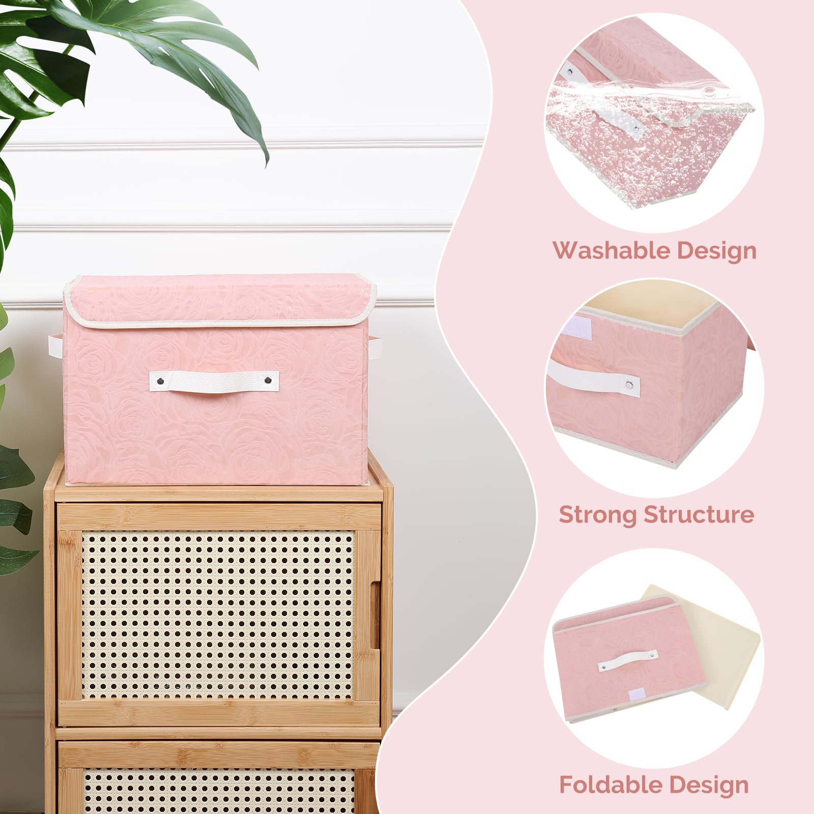 Lucky Monet Cute Storage Bin Boxes with Lids - Washable Decorative Fabric Storage Baskets, Collapsible PU Leather Handle Box Cubes for Shelf Closet Organizer (3-Pack, Pink, Large) - Perfect for Bedroom, Nursery & Home Organization