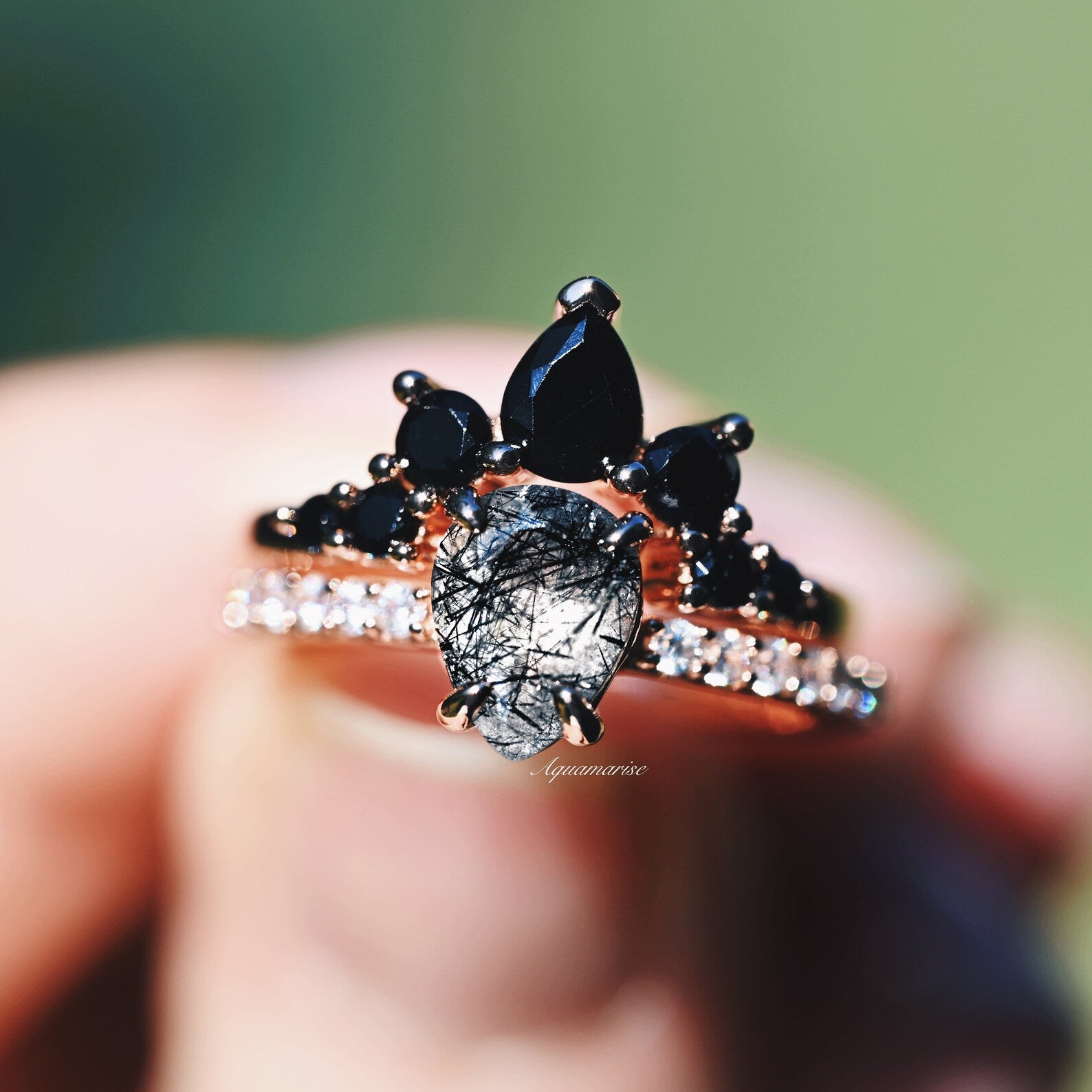 14K Rose Gold Vermeil Rutilated Quartz & Black Onyx Ring Set – Elegant Jewelry for Women, Perfect for Weddings, Parties & Everyday Wear