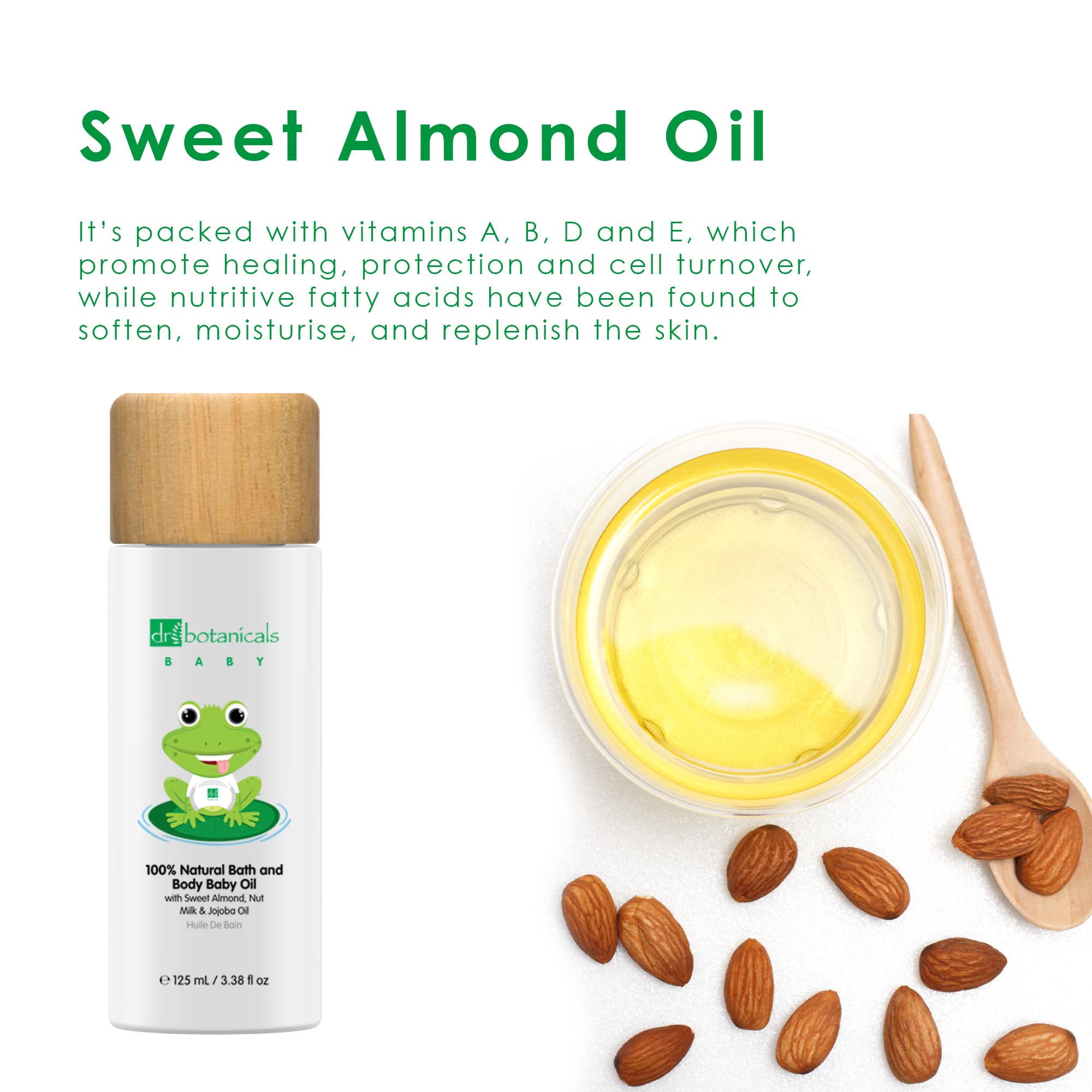 Dr. Botanicals 100% Natural Bath & Baby Body Oil - Sweet Almond, Nut Milk & Jojoba Oil, 3.38 Fl Oz | Hydrating & Soothing for Sensitive Skin, Perfect for Baby Massage & Post-Bath Moisturizing
