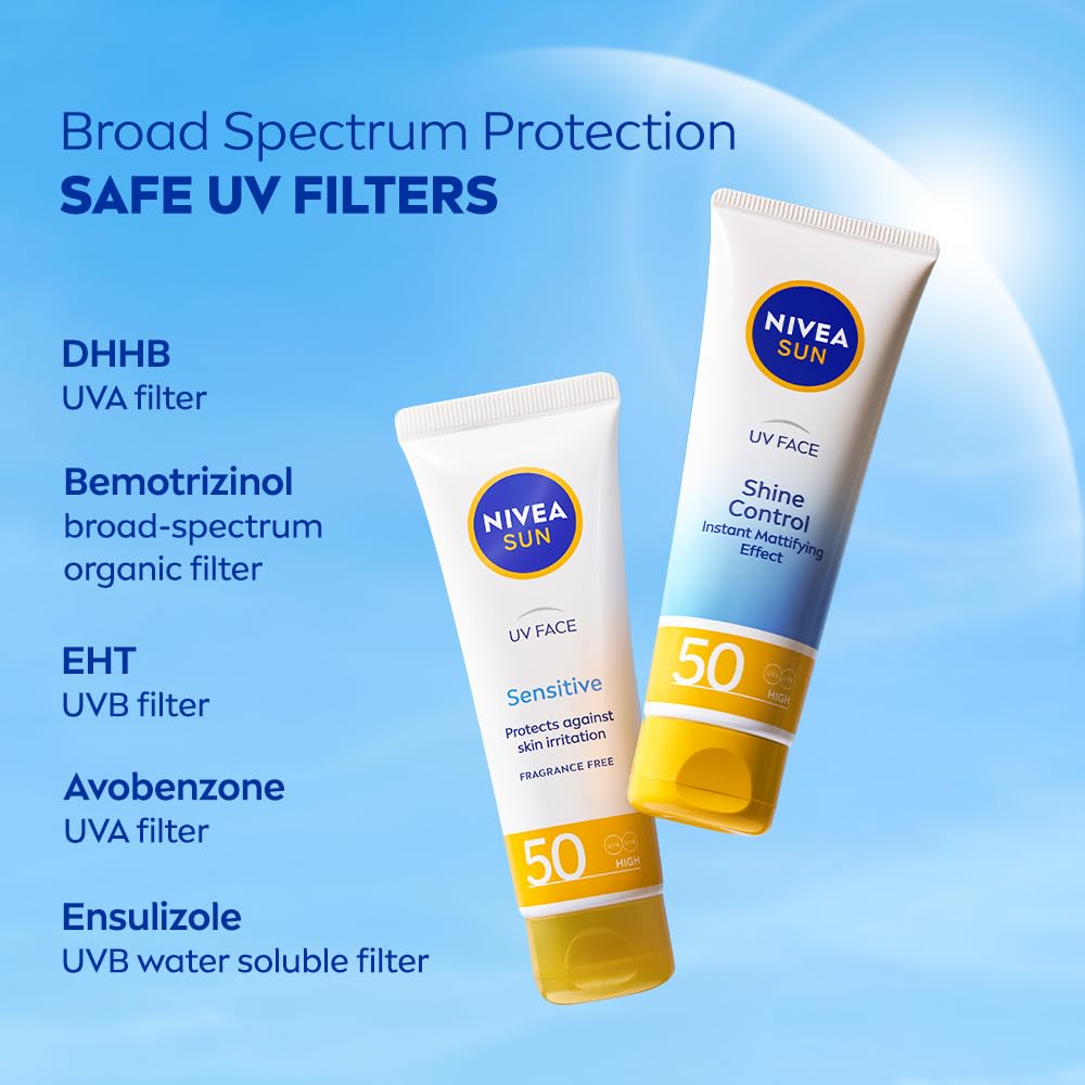 NIVEA Sun UV Face Sensitive SPF 50 Sunscreen Cream (50ml) - UVA/UVB Protection for Sensitive Skin, Anti-Aging & Moisturizing - Ideal for Daily Use, Outdoor Activities & Travel